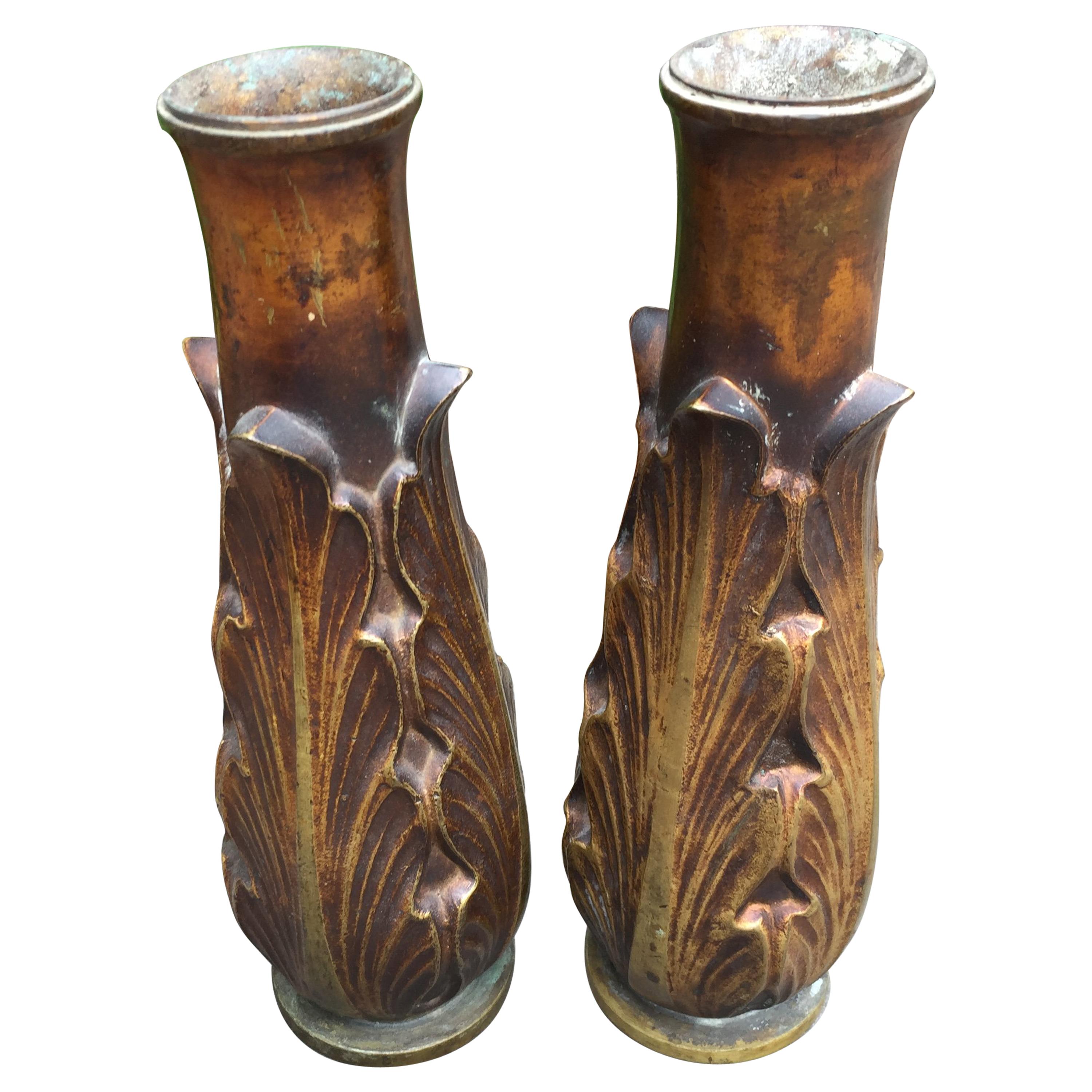 Art Deco Solid Bronze Candleholders or Vases / a Pair For Sale