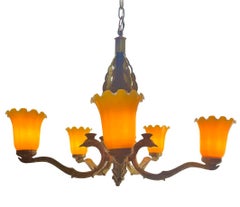 Art Deco Chandelier Solid Bronze Details with 5 Glass Shades