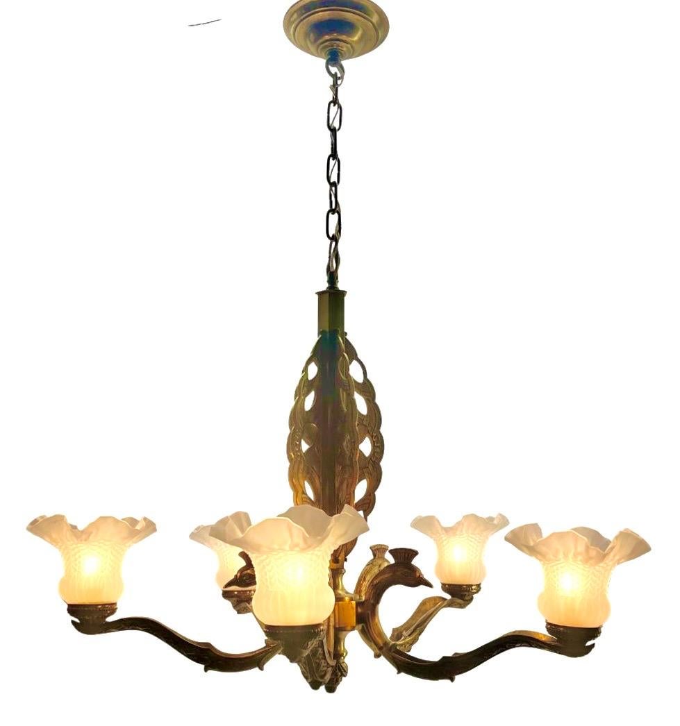 French Art Deco Chandelier Solid Bronze Details with 5 Glass Shades  For Sale