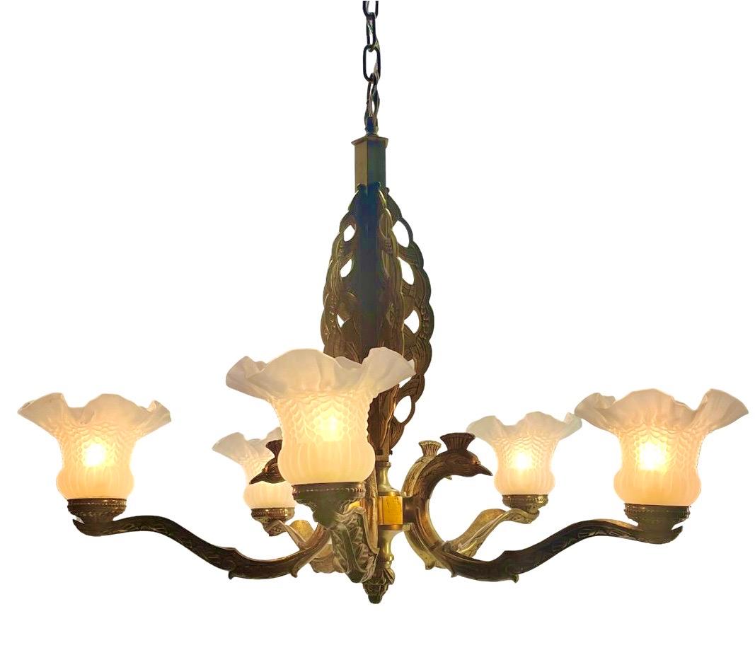 Machine-Made Art Deco Chandelier Solid Bronze Details with 5 Glass Shades  For Sale