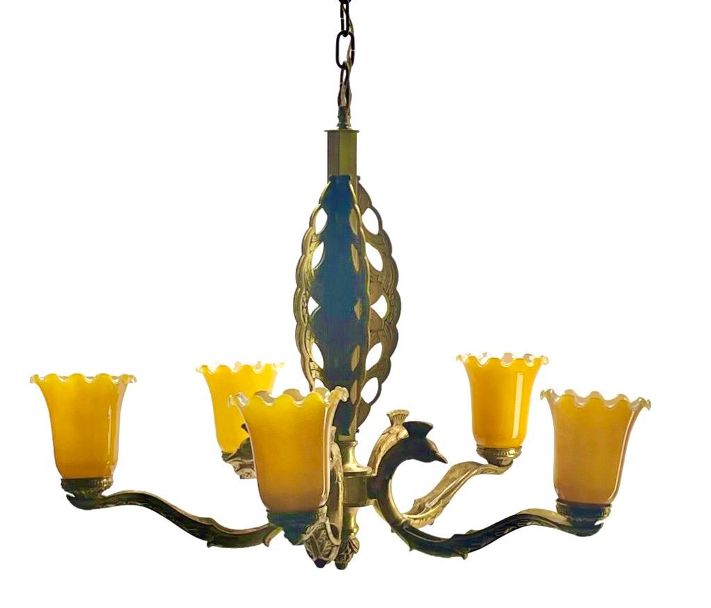 Art Deco Chandelier Solid Bronze Details with 5 Glass Shades  For Sale 3