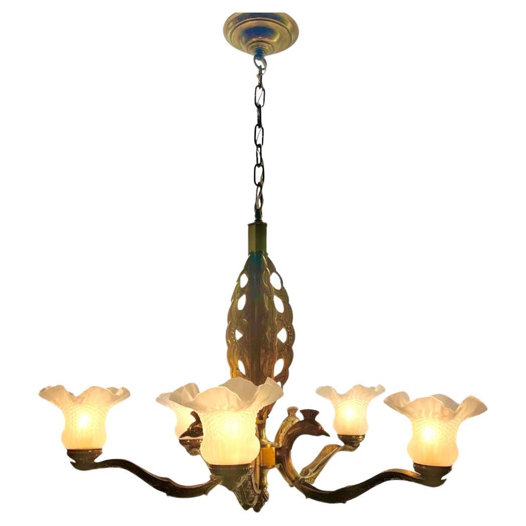 Art Deco Chandelier Solid Bronze Details with 5 Glass Shades  For Sale