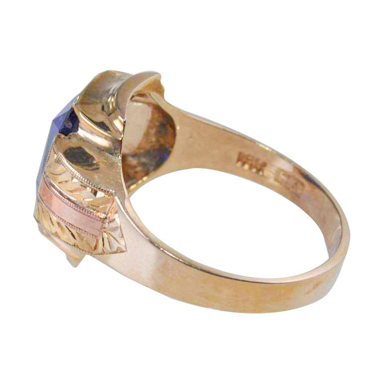 Art Deco Solid Gold Unisex Ring Handmade From 1930's Multi-Color For Sale 1