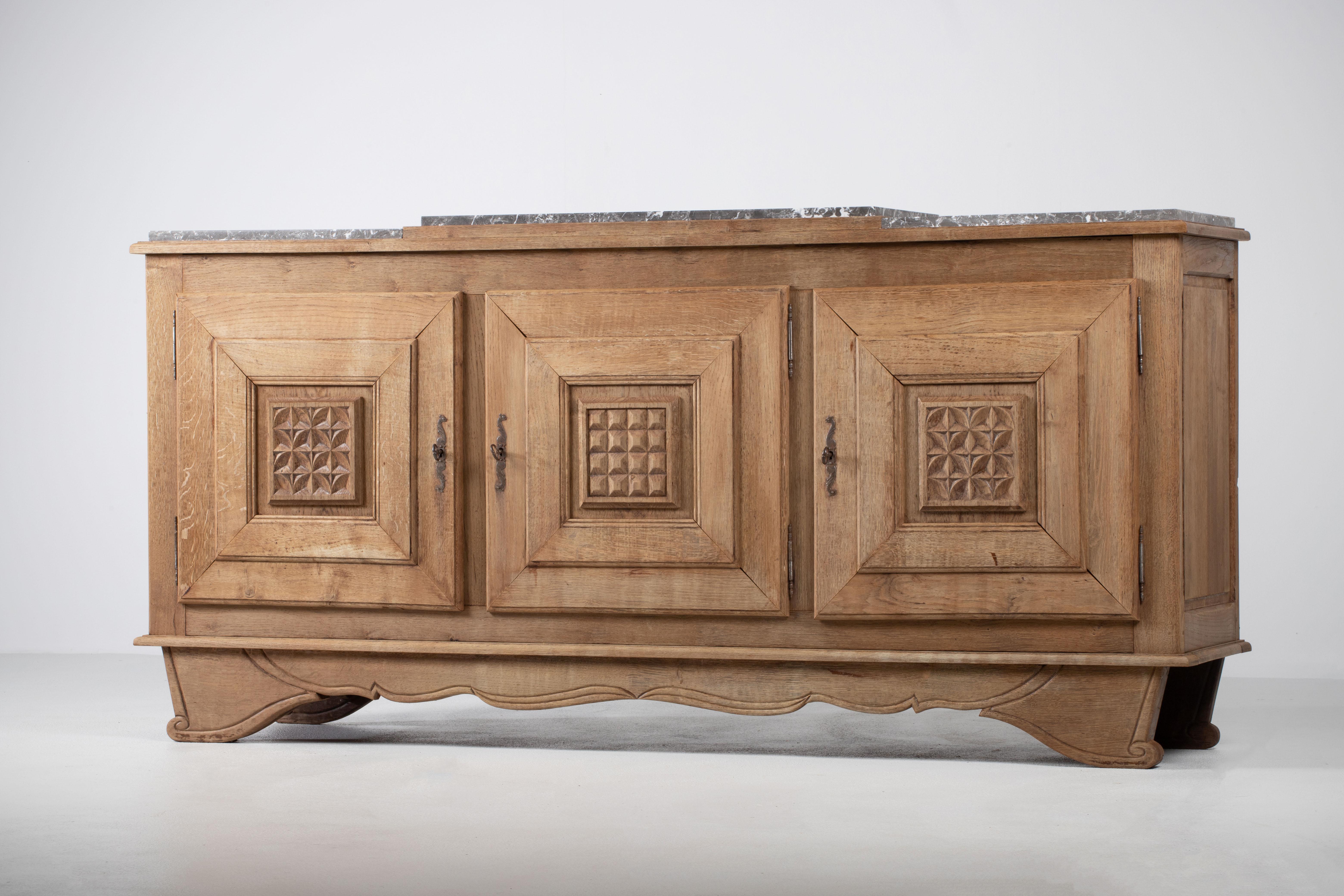 Art Deco Solid Oak Credenza, France, 1940s For Sale 14