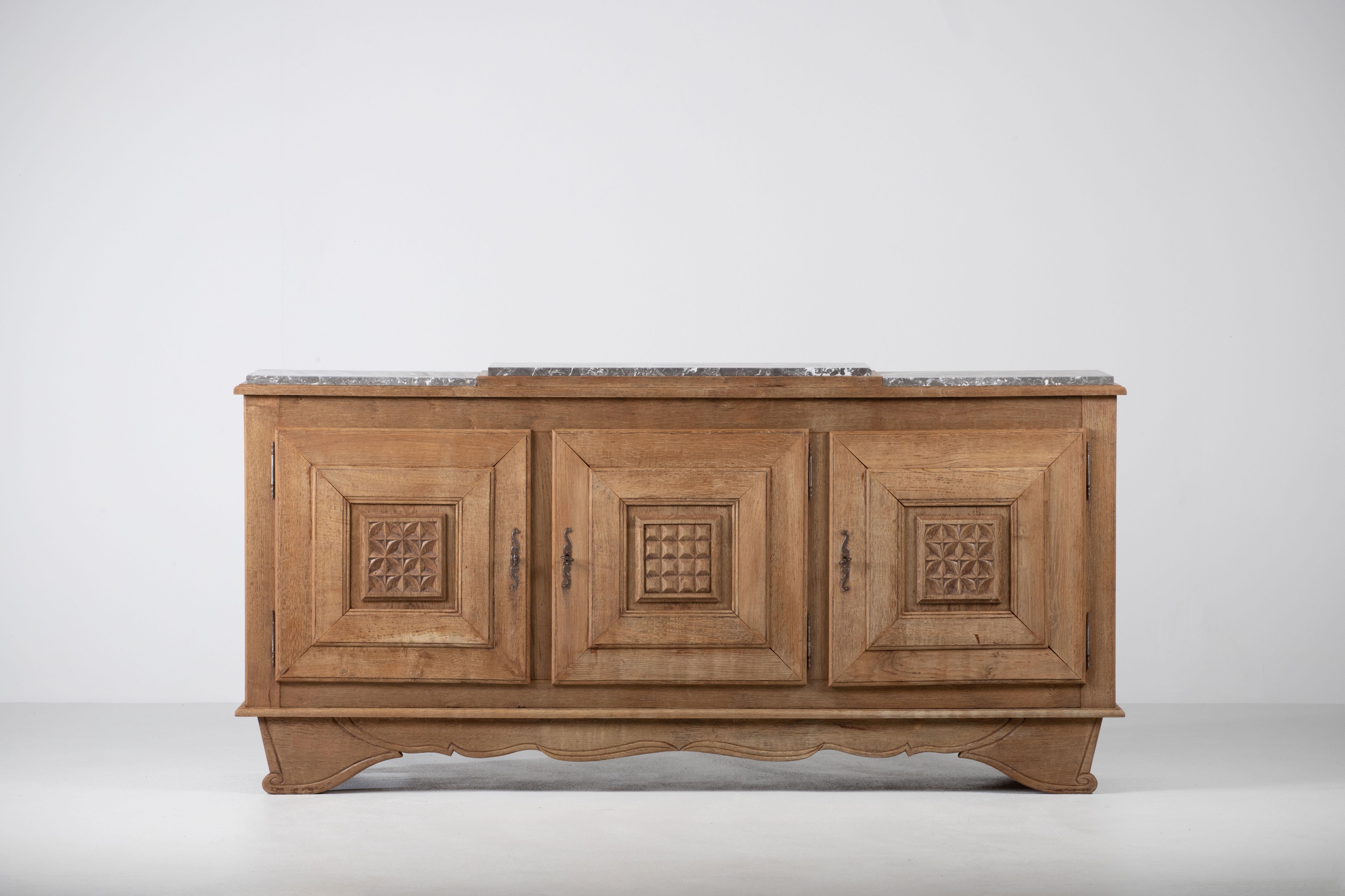 French Art Deco Solid Oak Credenza, France, 1940s For Sale