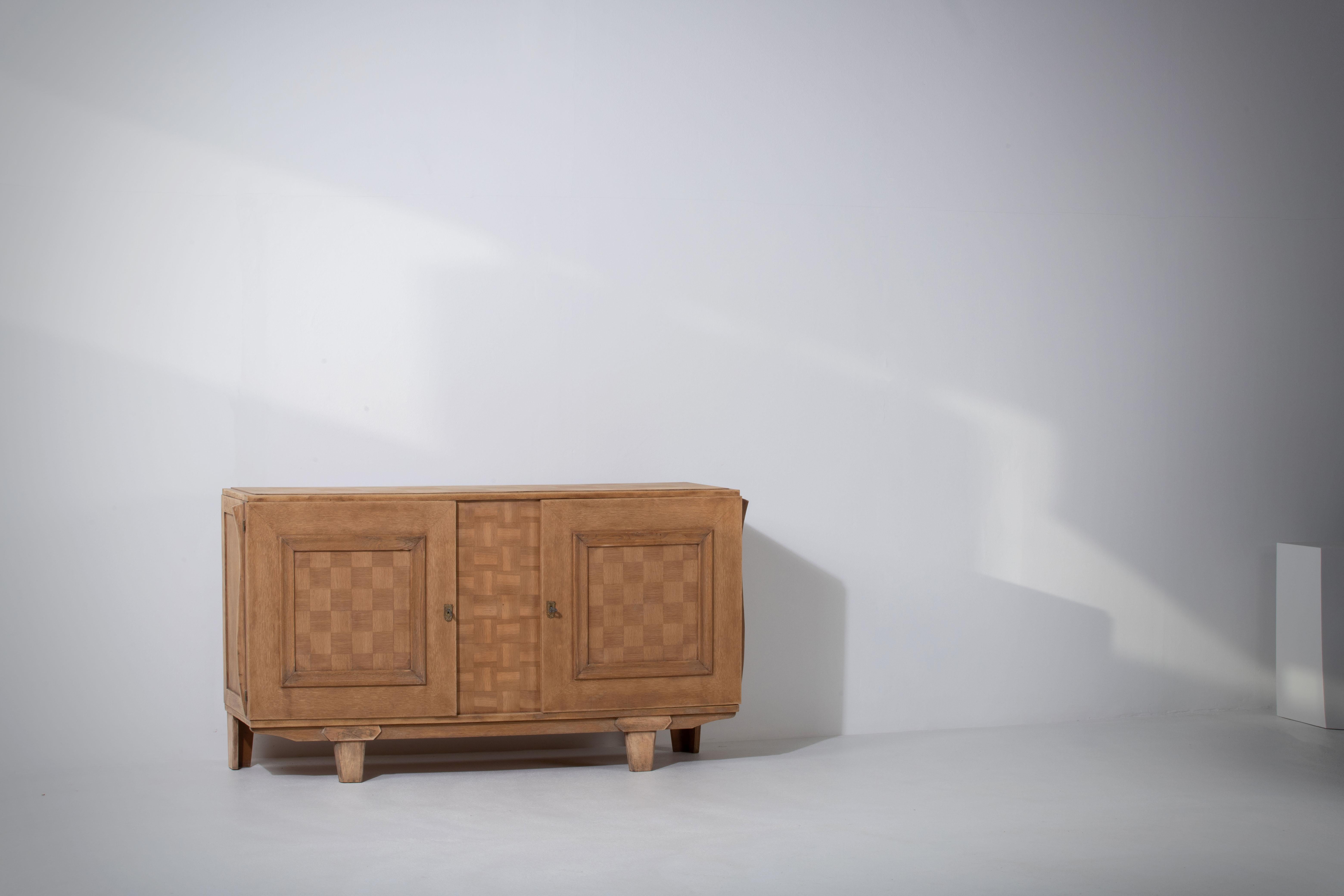 French Art Deco Solid Oak Credenza, France, 1940s For Sale