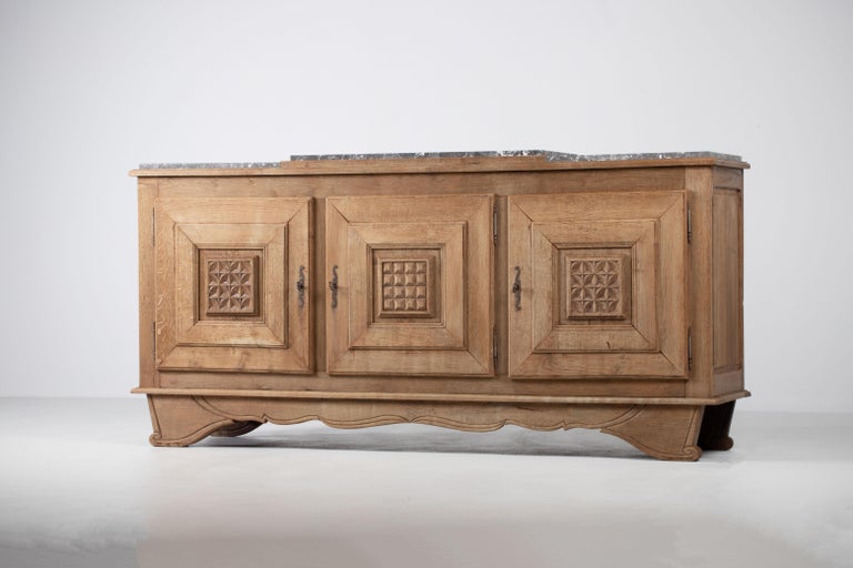 Marble Art Deco Solid Oak Credenza, France, 1940s For Sale