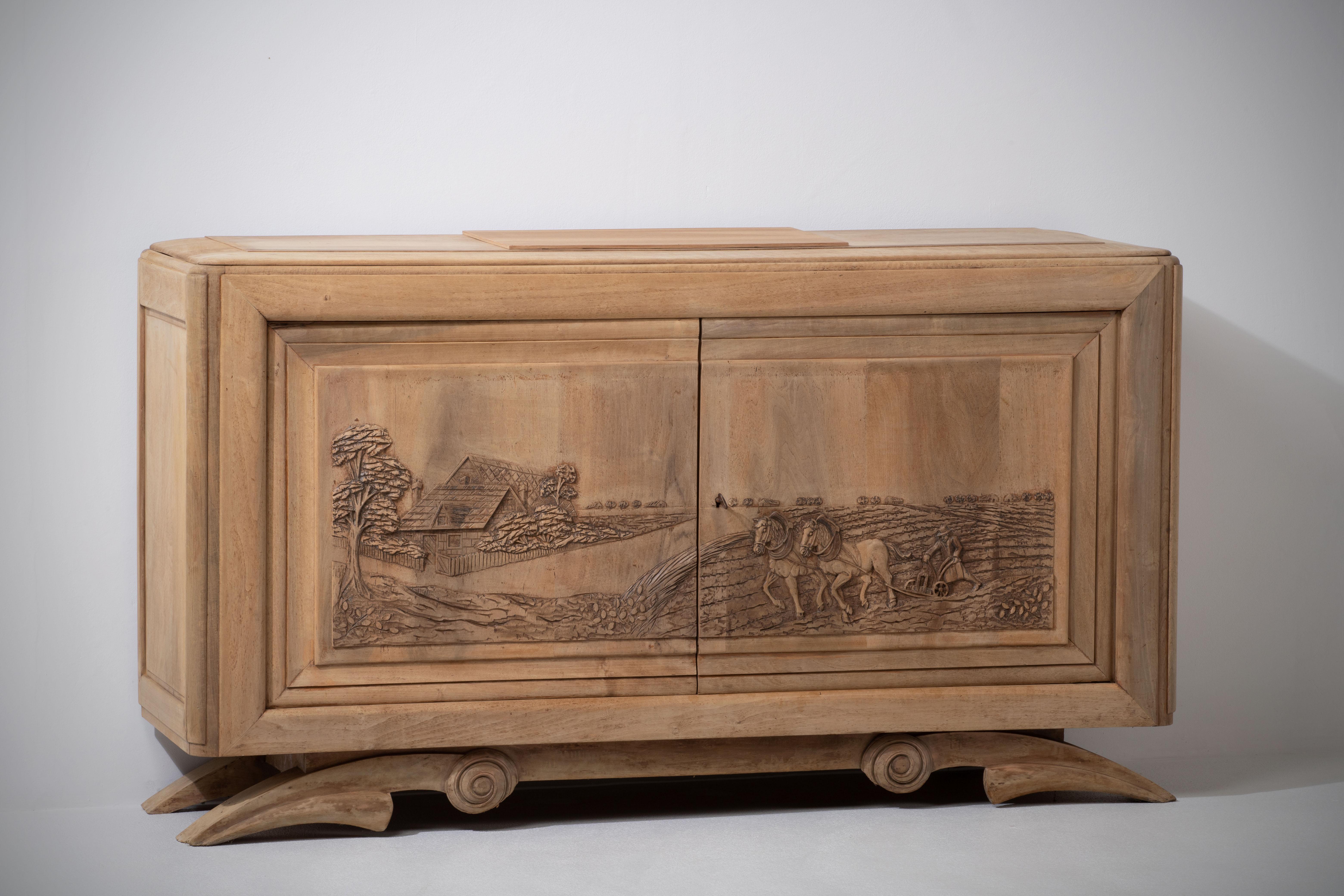 French Art Deco Solid Oak Sideboard, France, 1940s For Sale