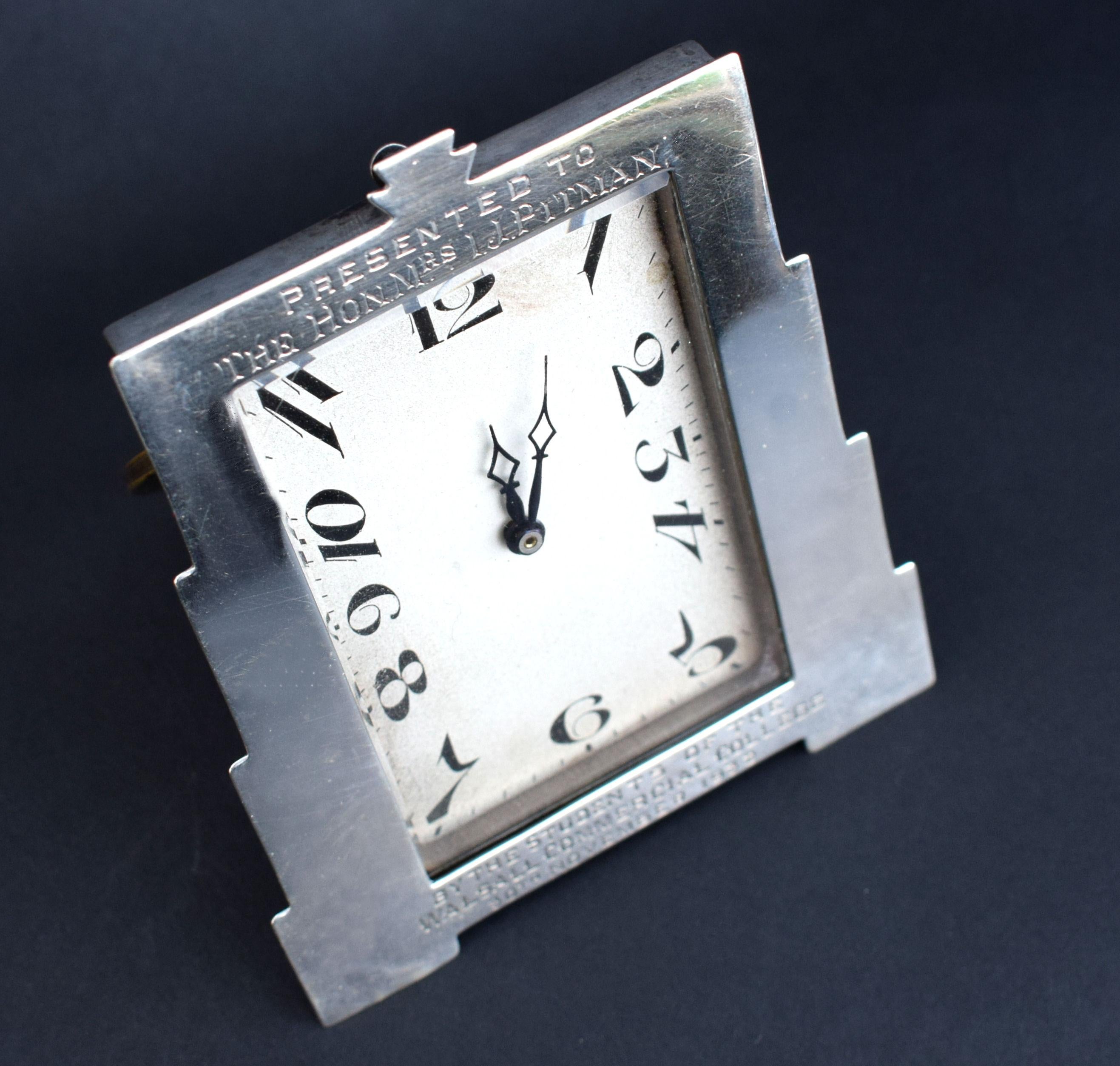 English Art Deco Solid Silver Cased Easel Desk Clock, England, c1932