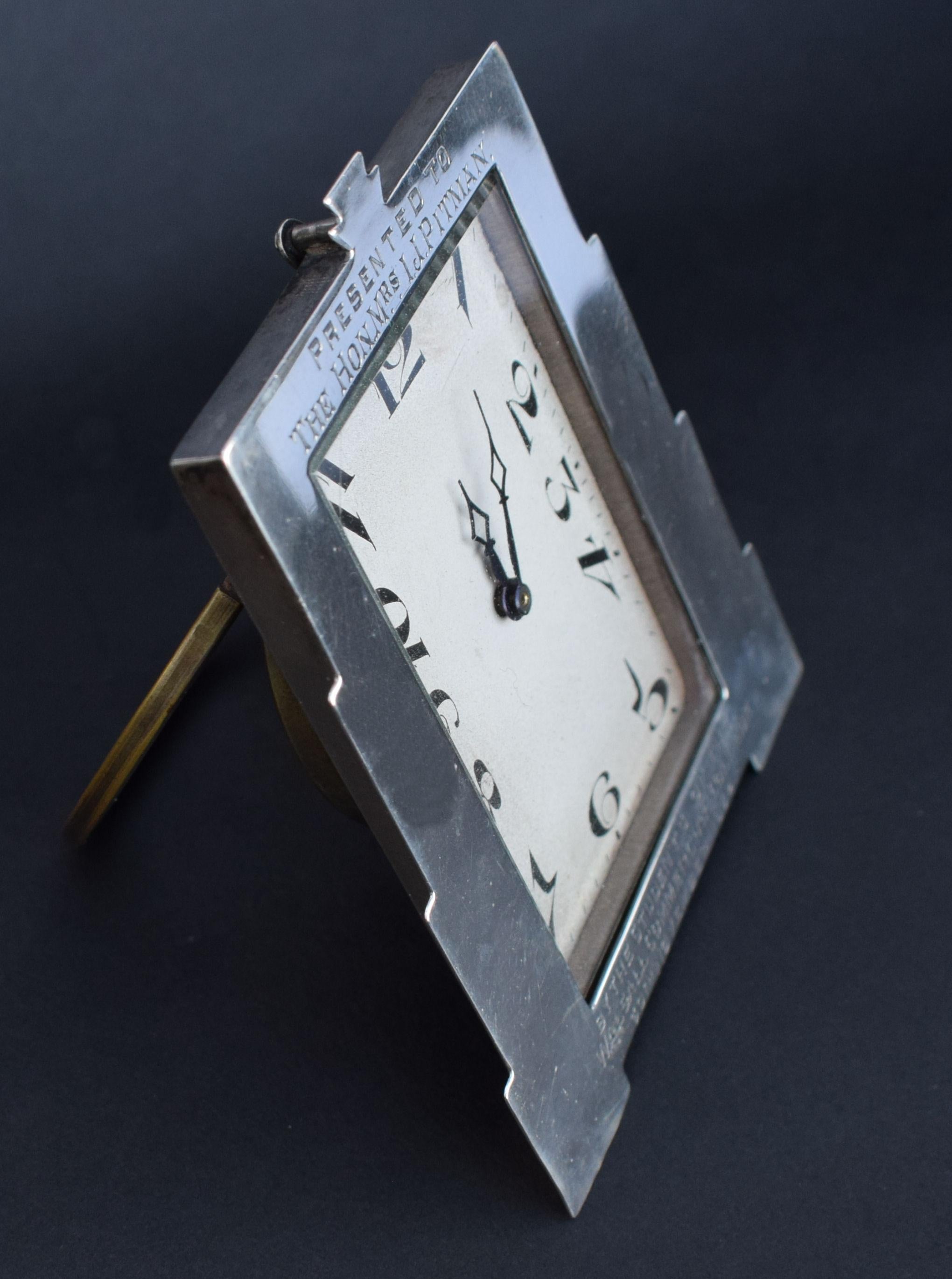 20th Century Art Deco Solid Silver Cased Easel Desk Clock, England, c1932