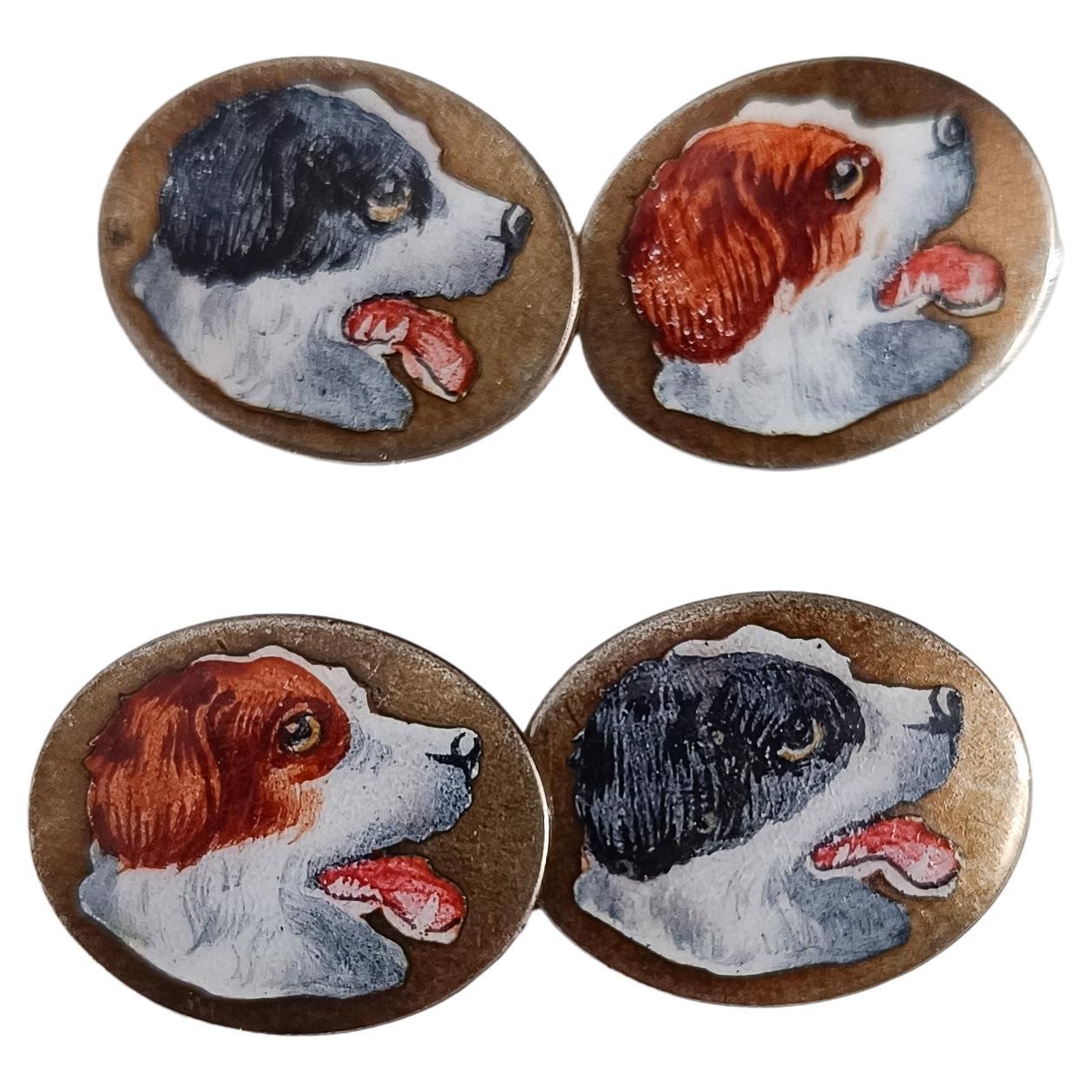 Art Deco Solid Silver Cufflinks, Enameled with Hunting Dogs