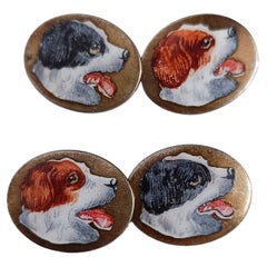 Gemelli da polso in argento massiccio Art Déco, smaltati con cani da caccia