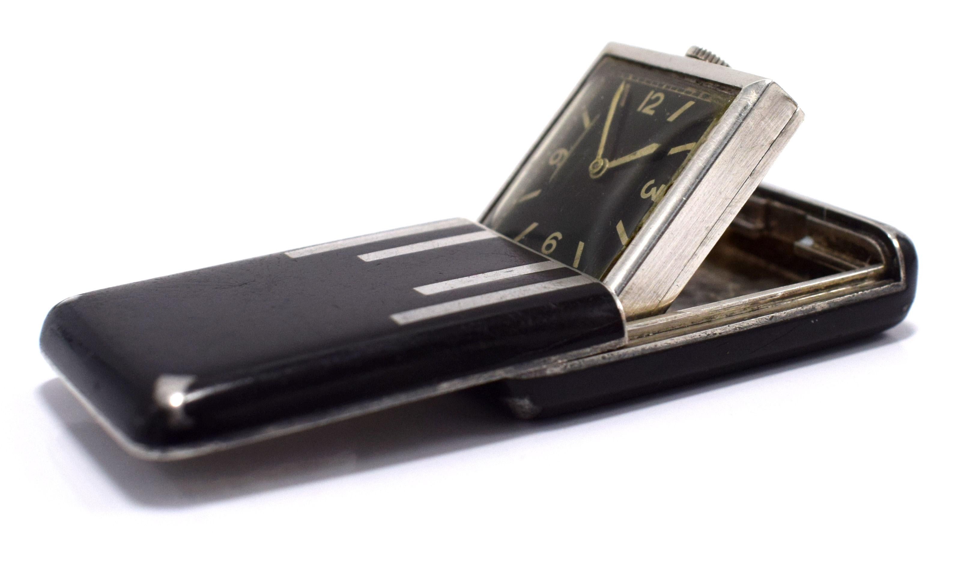 Art Deco Solid Silver Miniature Flip Up Travel Clock by Rotary, circa 1933 For Sale 4