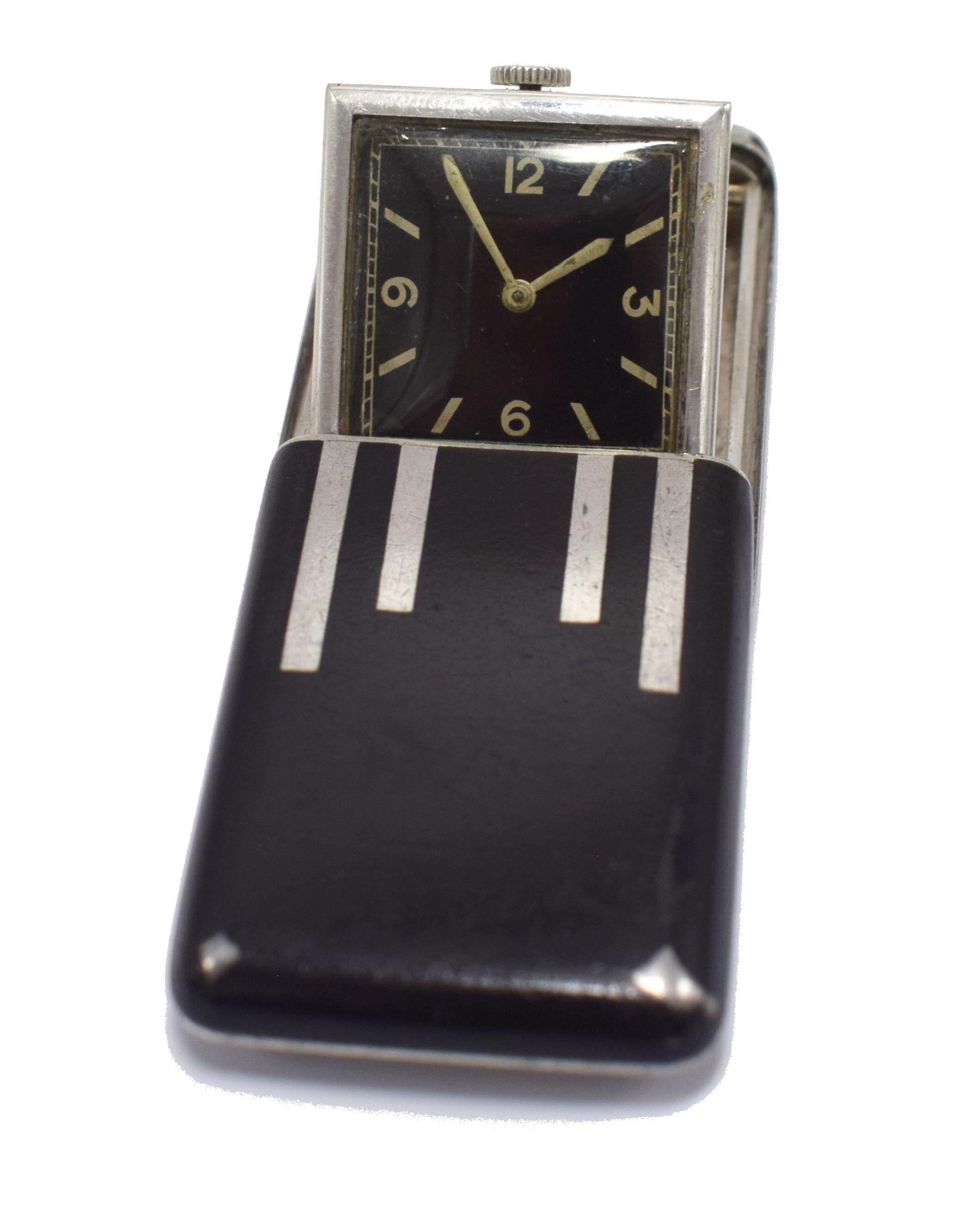 Art Deco Solid Silver Miniature Flip Up Travel Clock by Rotary, circa 1933 For Sale 5