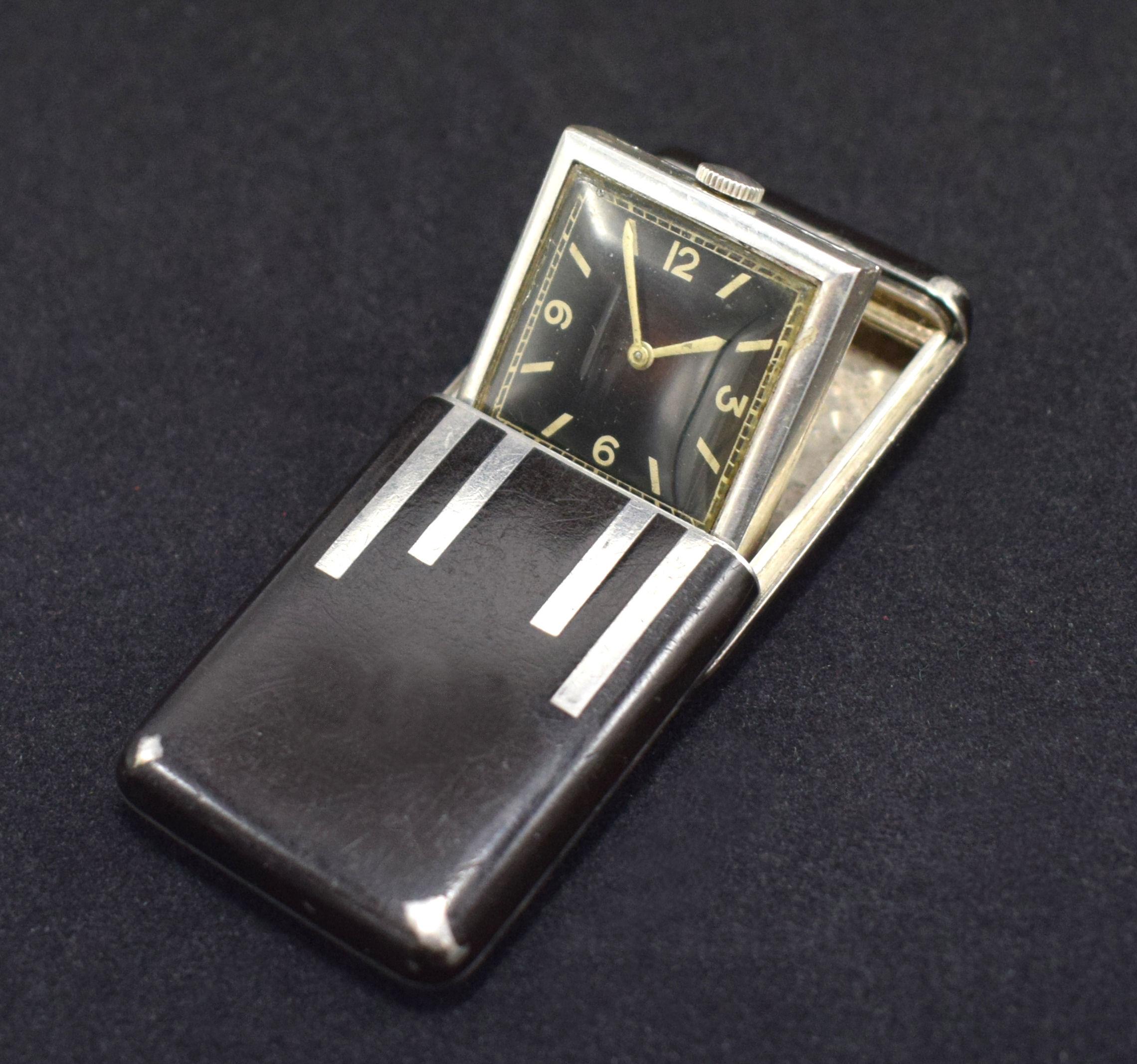 Art Deco Solid Silver Miniature Flip Up Travel Clock by Rotary, circa 1933 In Good Condition For Sale In Devon, England