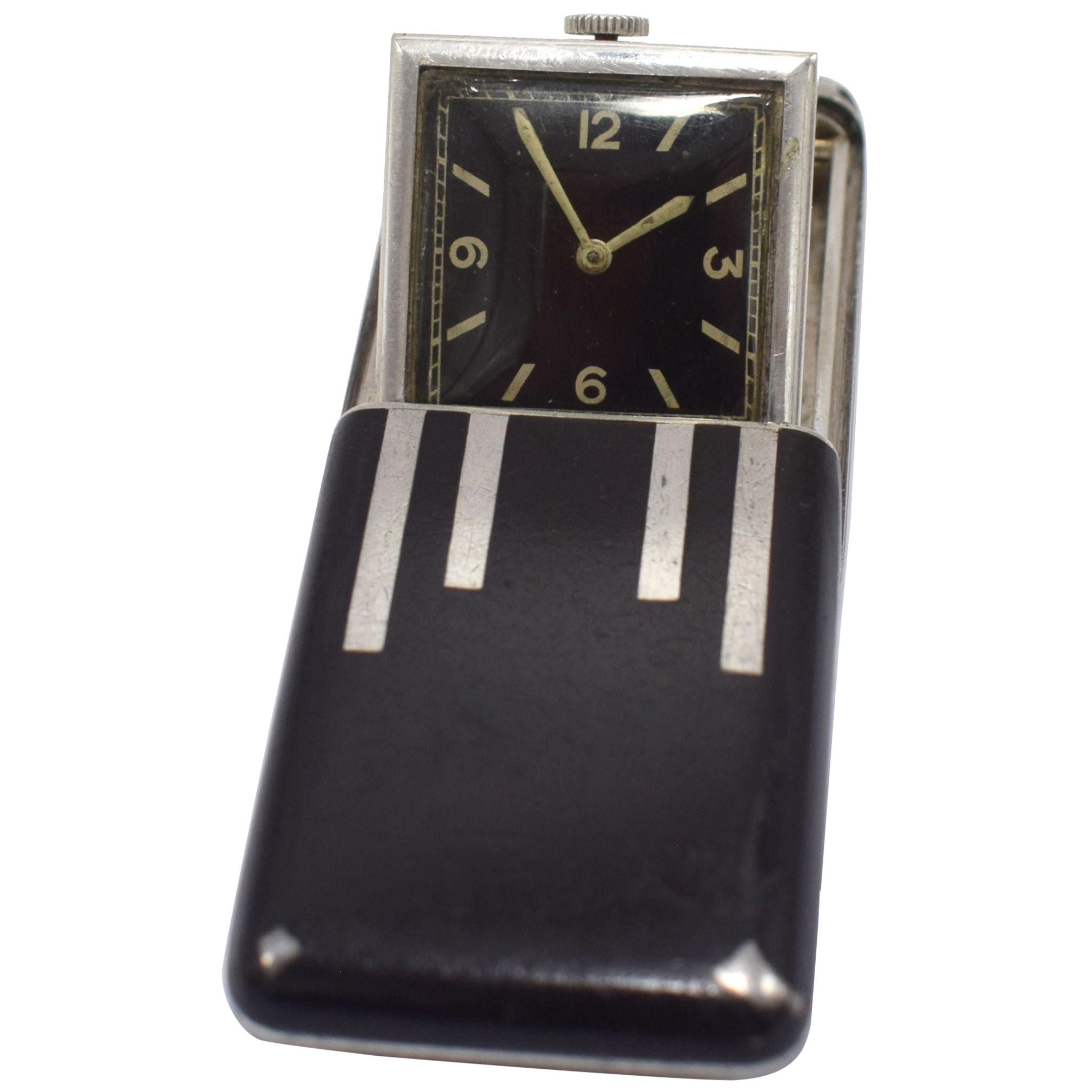 Art Deco Solid Silver Miniature Flip Up Travel Clock by Rotary, circa 1933 For Sale