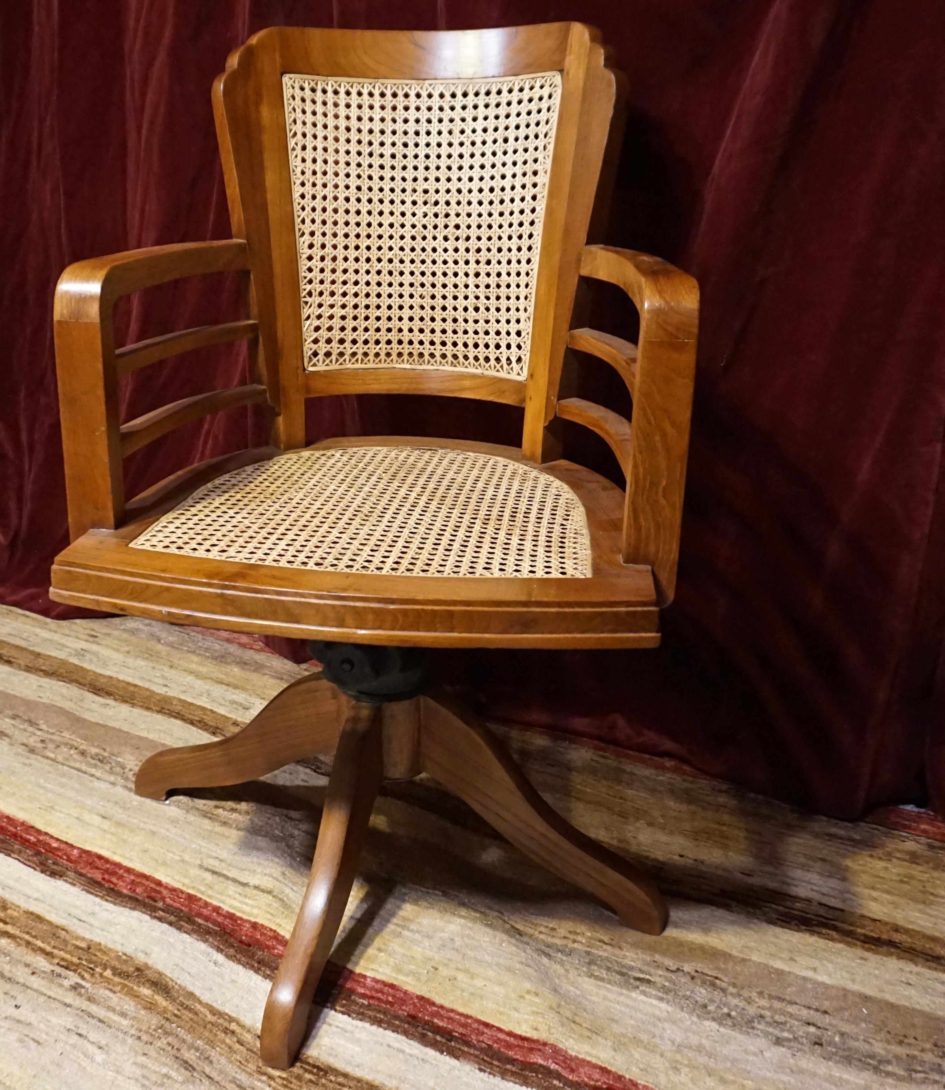 Art Deco Solid Teak Revolving Chair with Cane Work & Solid Armrests 6
