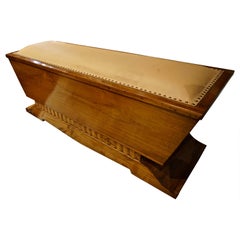 Vintage Art Deco Solid Teak Storage Bench with Italian Pebble Grain Biscuit Leather Seat