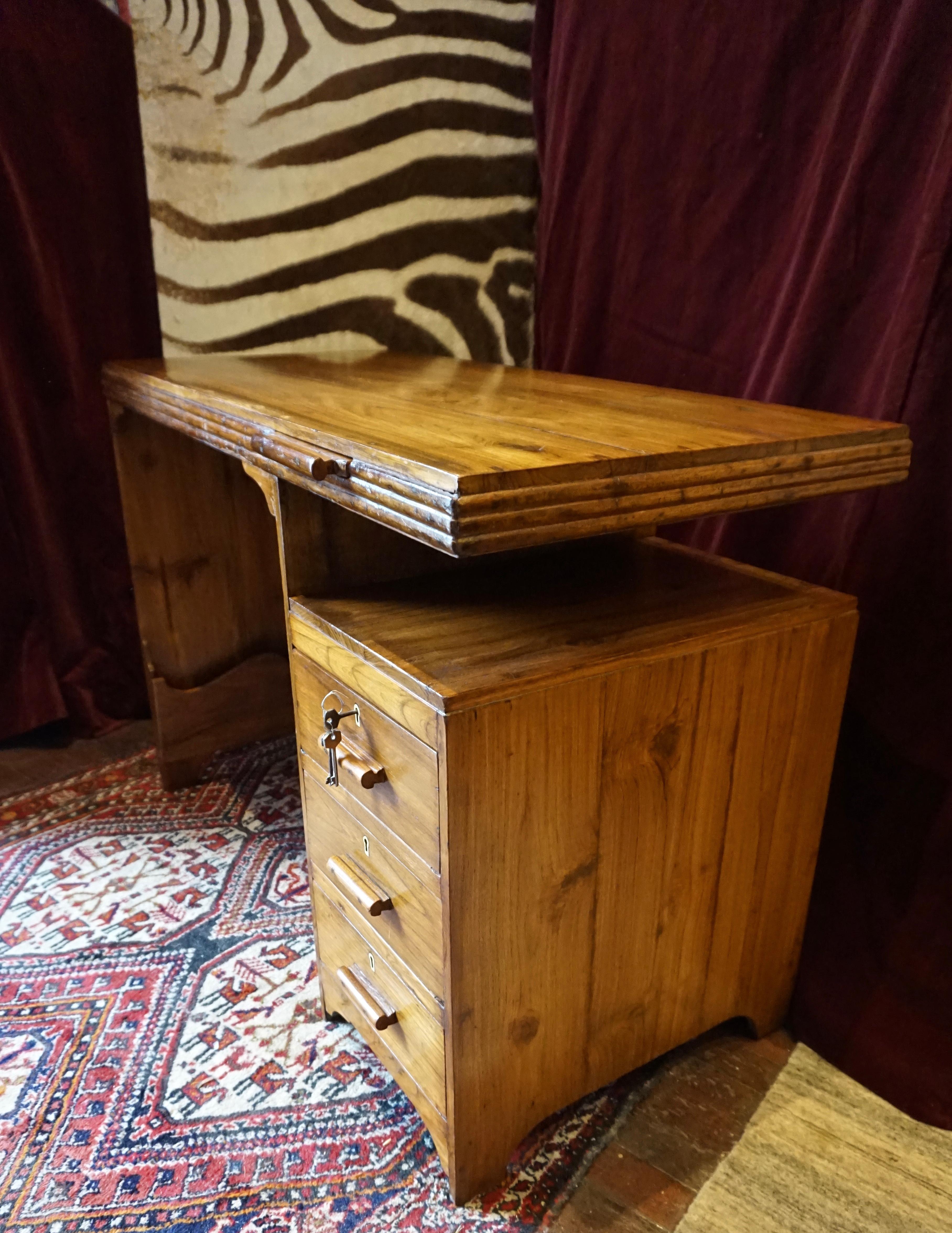 Art Deco Solid Teak Writing Table With Floating Shelf, Jotter & Side Storage For Sale 5