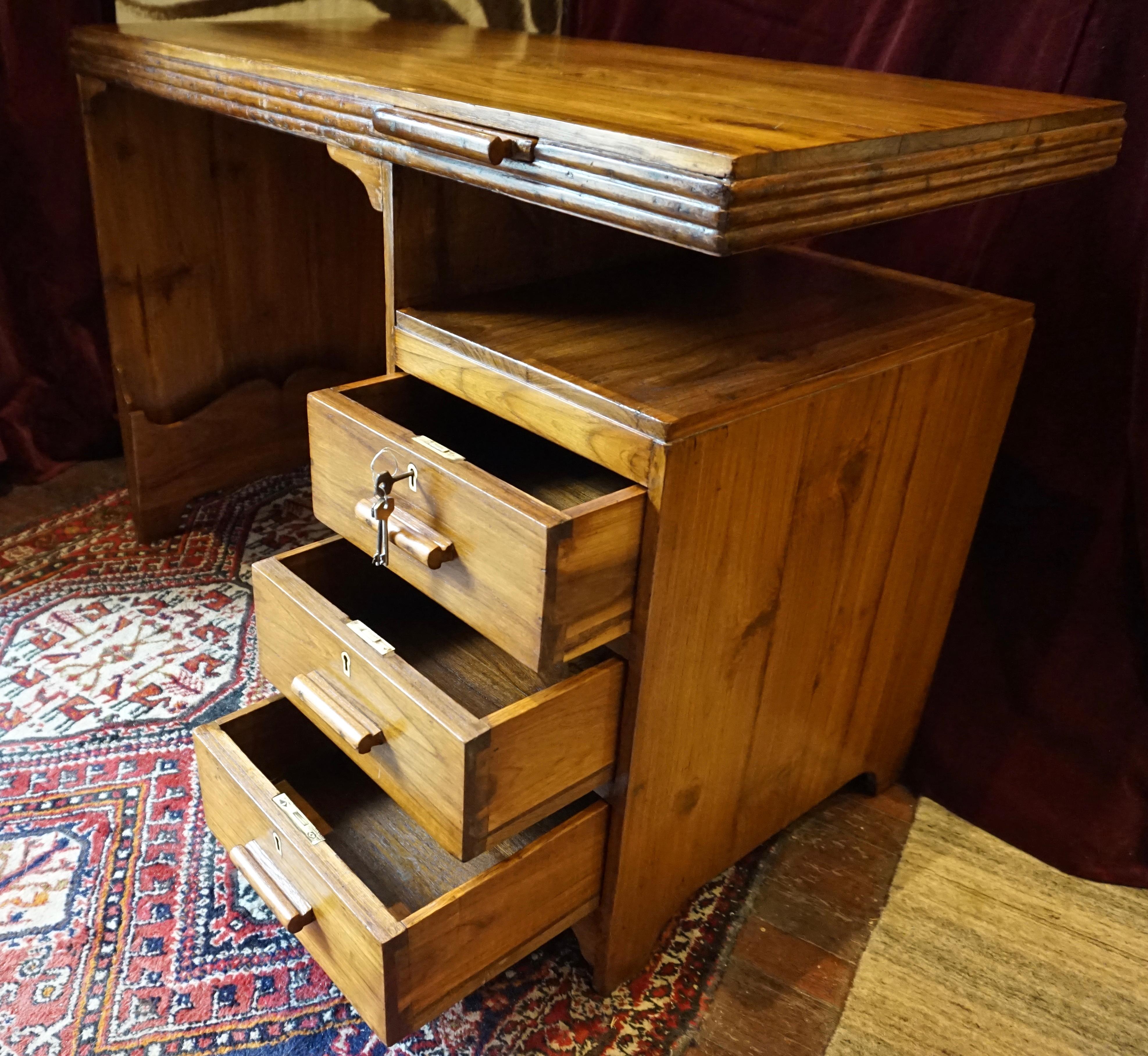 Art Deco Solid Teak Writing Table With Floating Shelf, Jotter & Side Storage For Sale 6