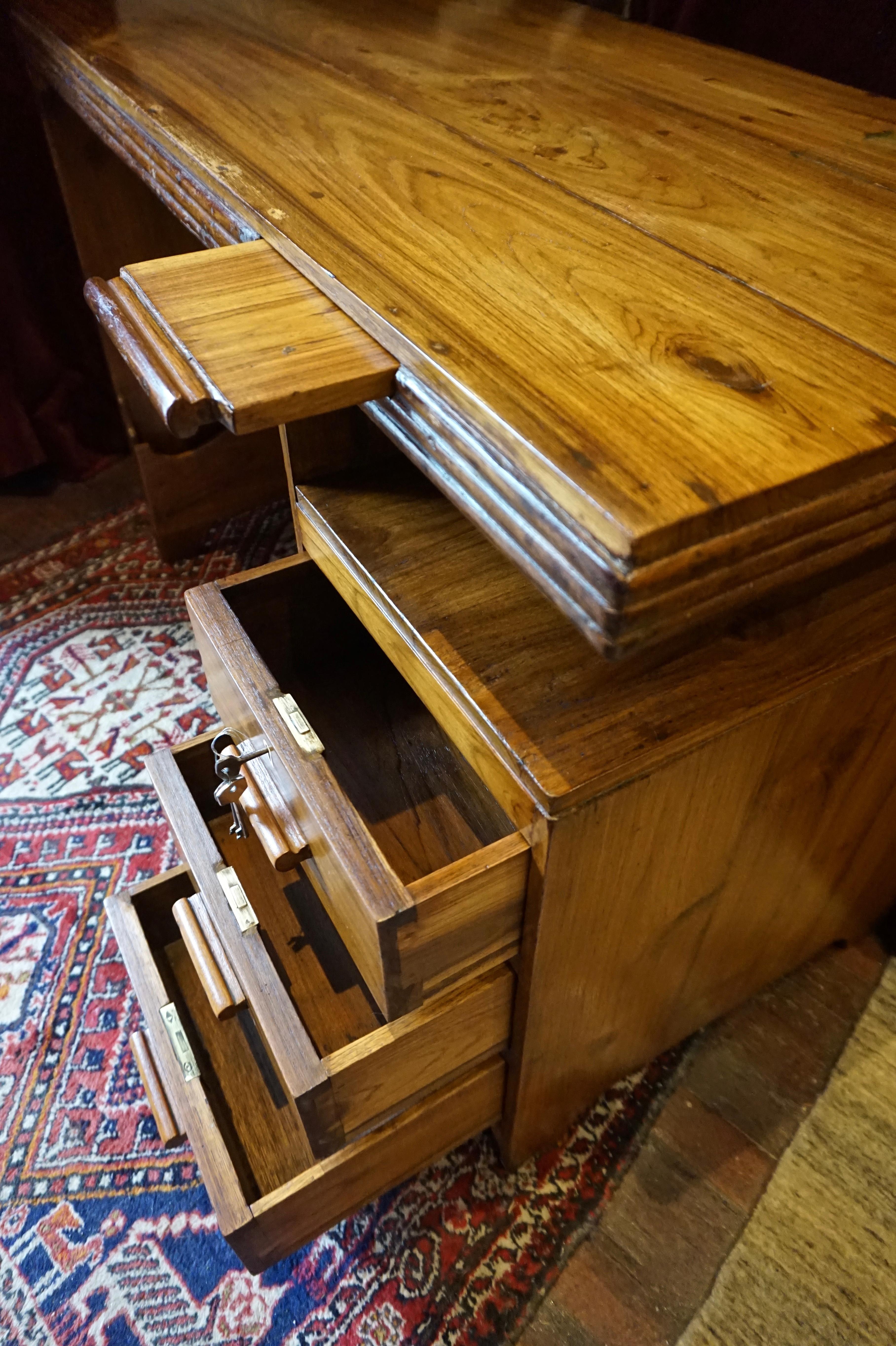 Art Deco Solid Teak Writing Table With Floating Shelf, Jotter & Side Storage 9