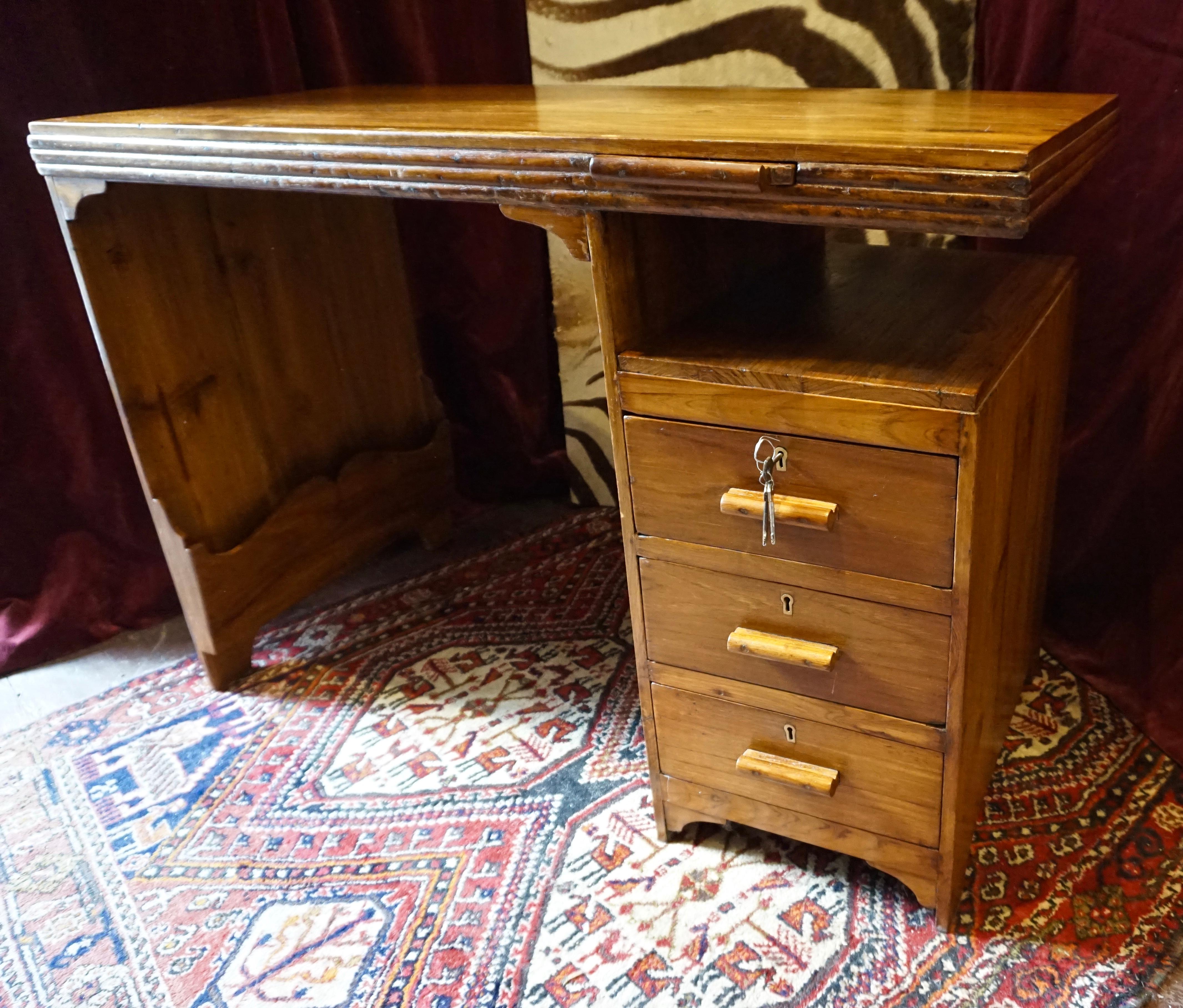 British Indian Ocean Territory Art Deco Solid Teak Writing Table With Floating Shelf, Jotter & Side Storage For Sale