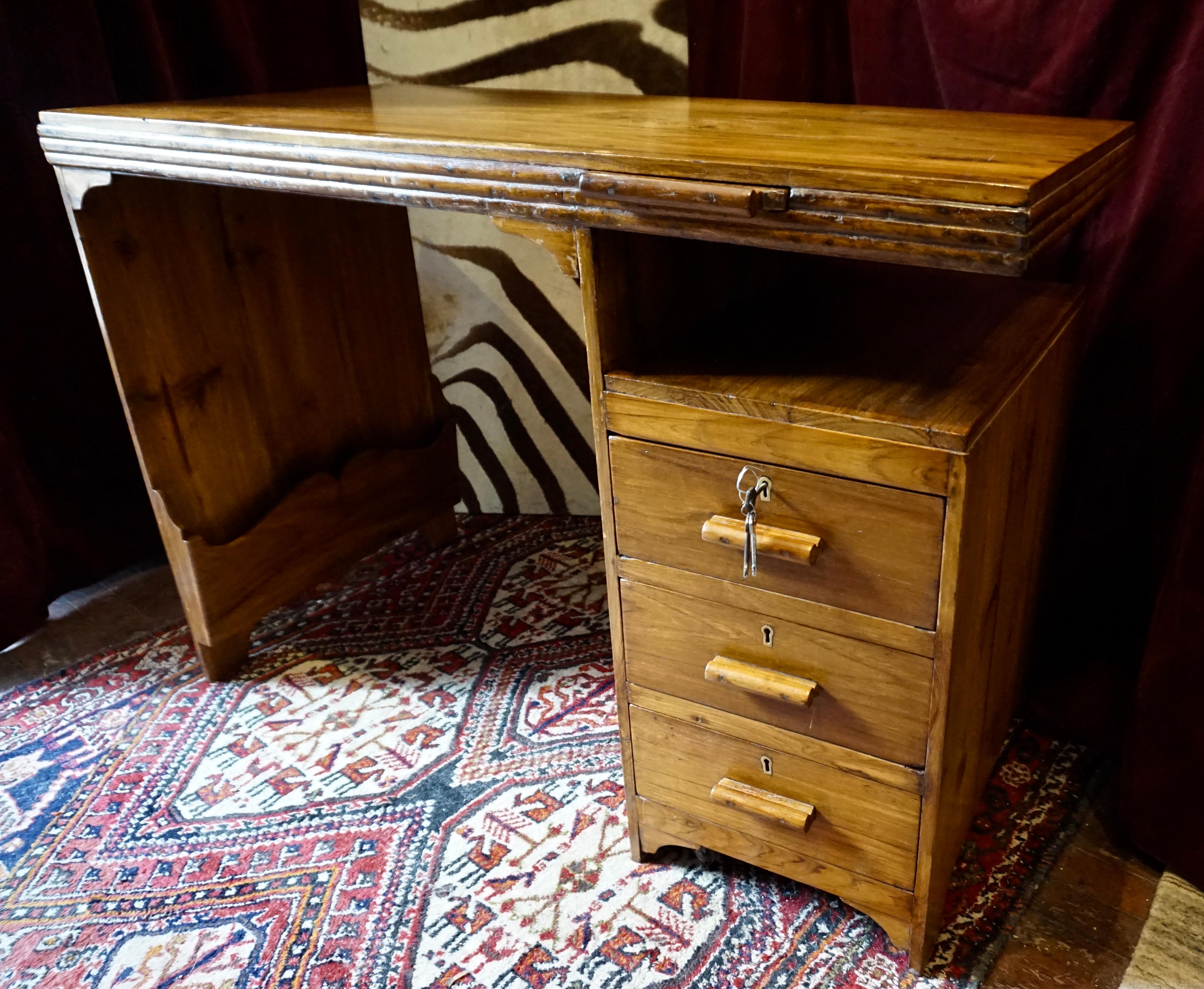 Hand-Crafted Art Deco Solid Teak Writing Table With Floating Shelf, Jotter & Side Storage For Sale