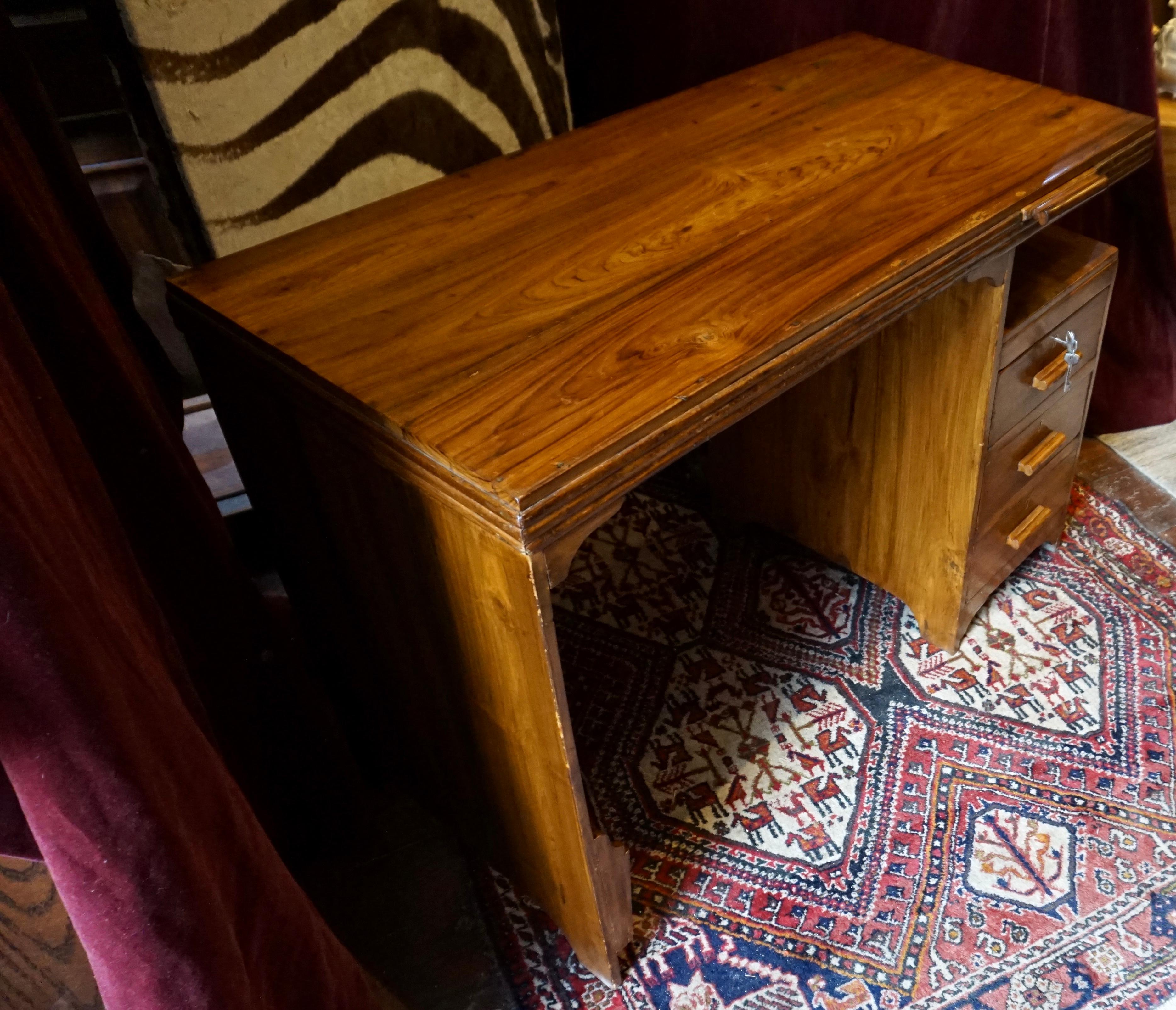 Art Deco Solid Teak Writing Table With Floating Shelf, Jotter & Side Storage 3