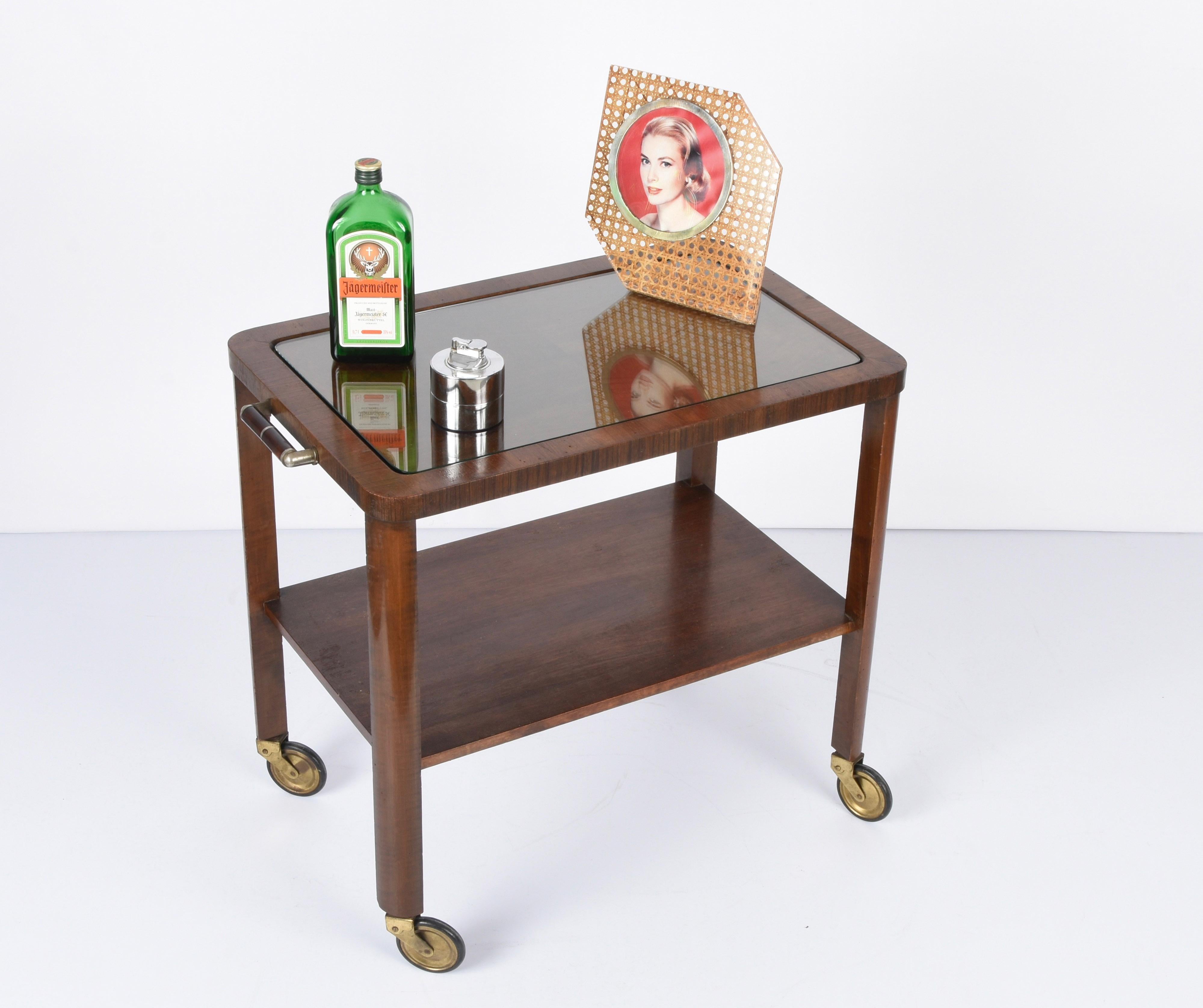 Art Deco Solid Walnut Wood and Glass Two-Levels Italian Trolley Bar Cart, 1940s For Sale 6