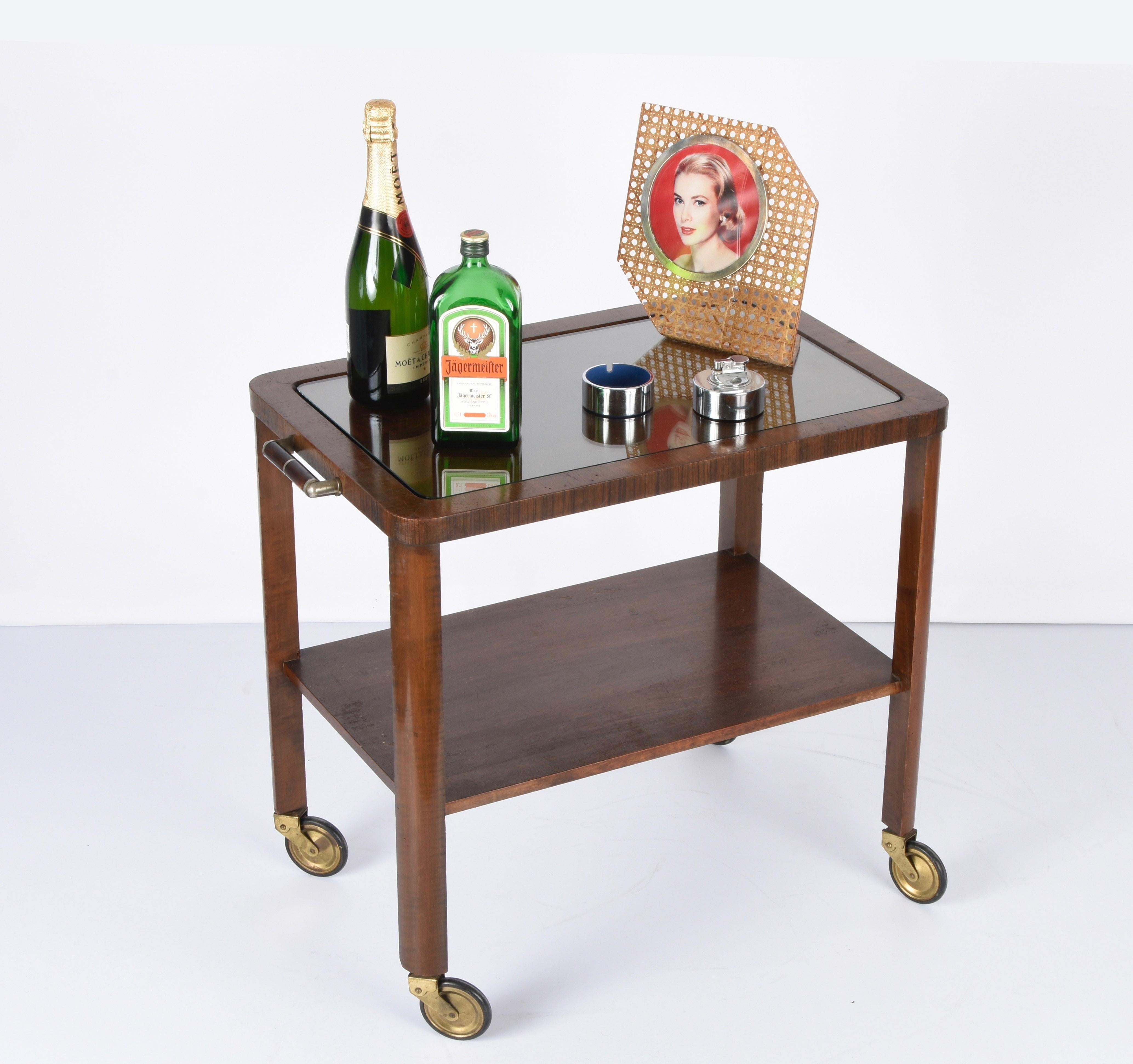 Art Deco Solid Walnut Wood and Glass Two-Levels Italian Trolley Bar Cart, 1940s For Sale 7