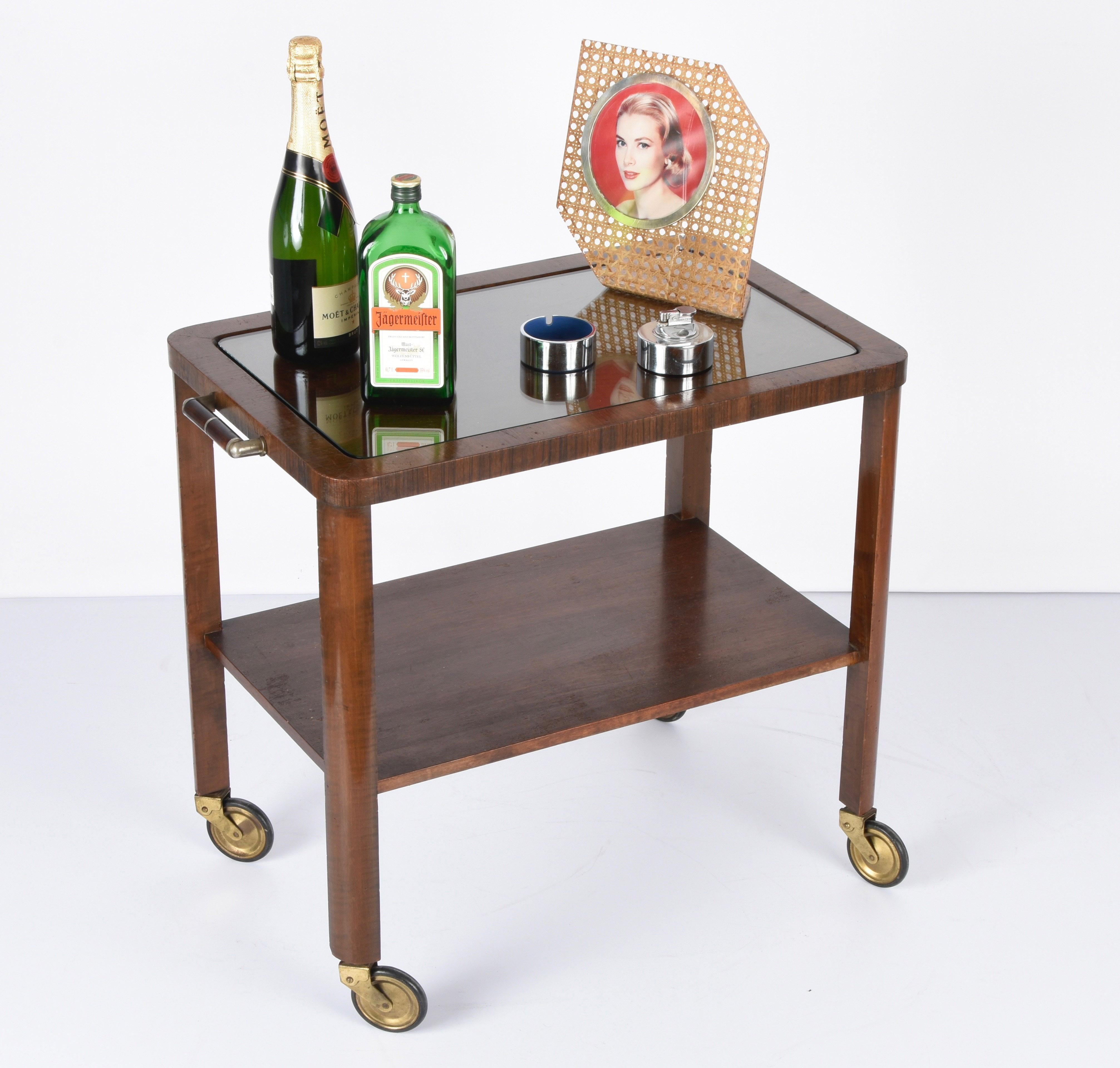 Art Deco Solid Walnut Wood and Glass Two-Levels Italian Trolley Bar Cart, 1940s For Sale 8
