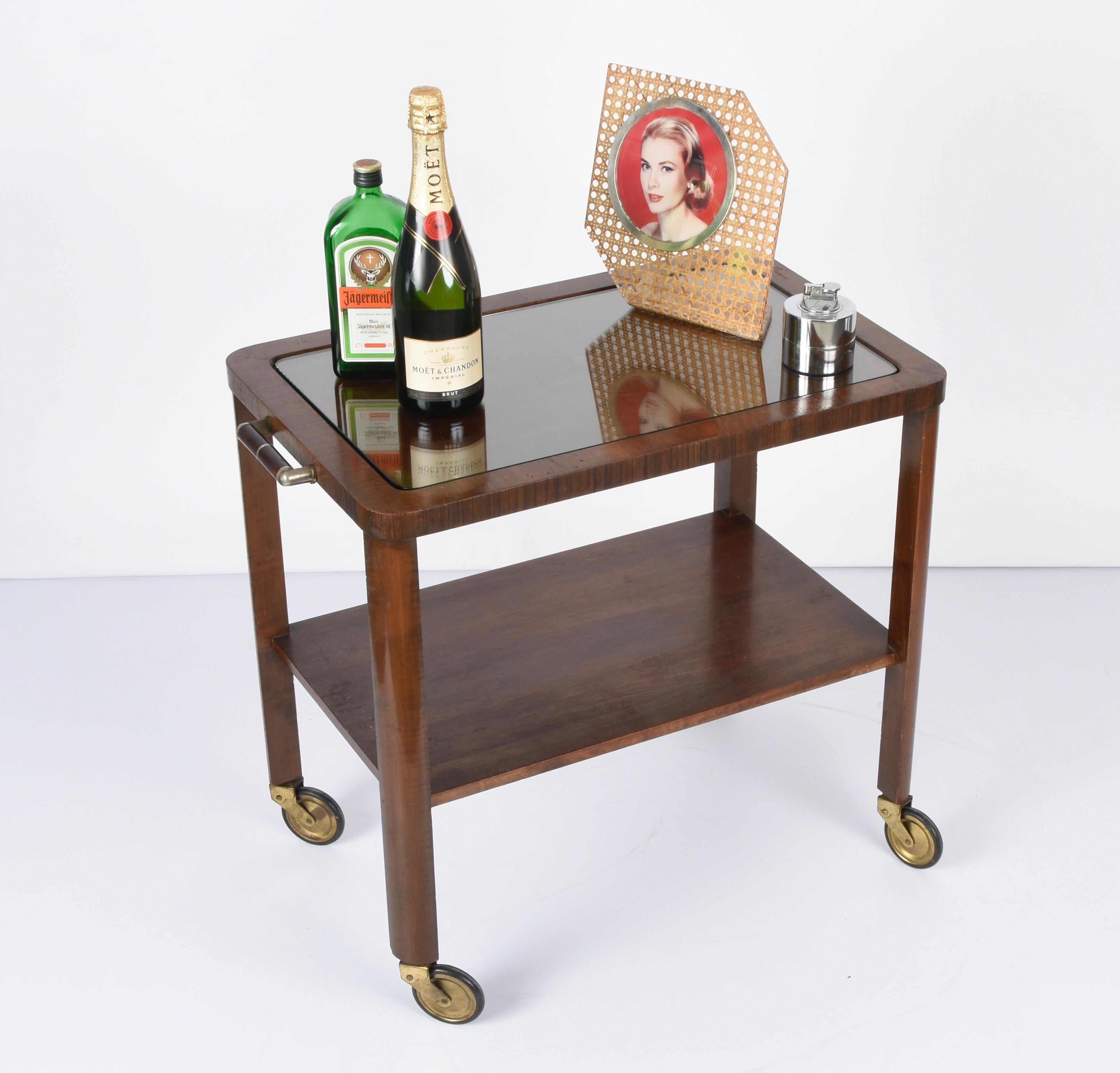 Art Deco Solid Walnut Wood and Glass Two-Levels Italian Trolley Bar Cart, 1940s For Sale 9