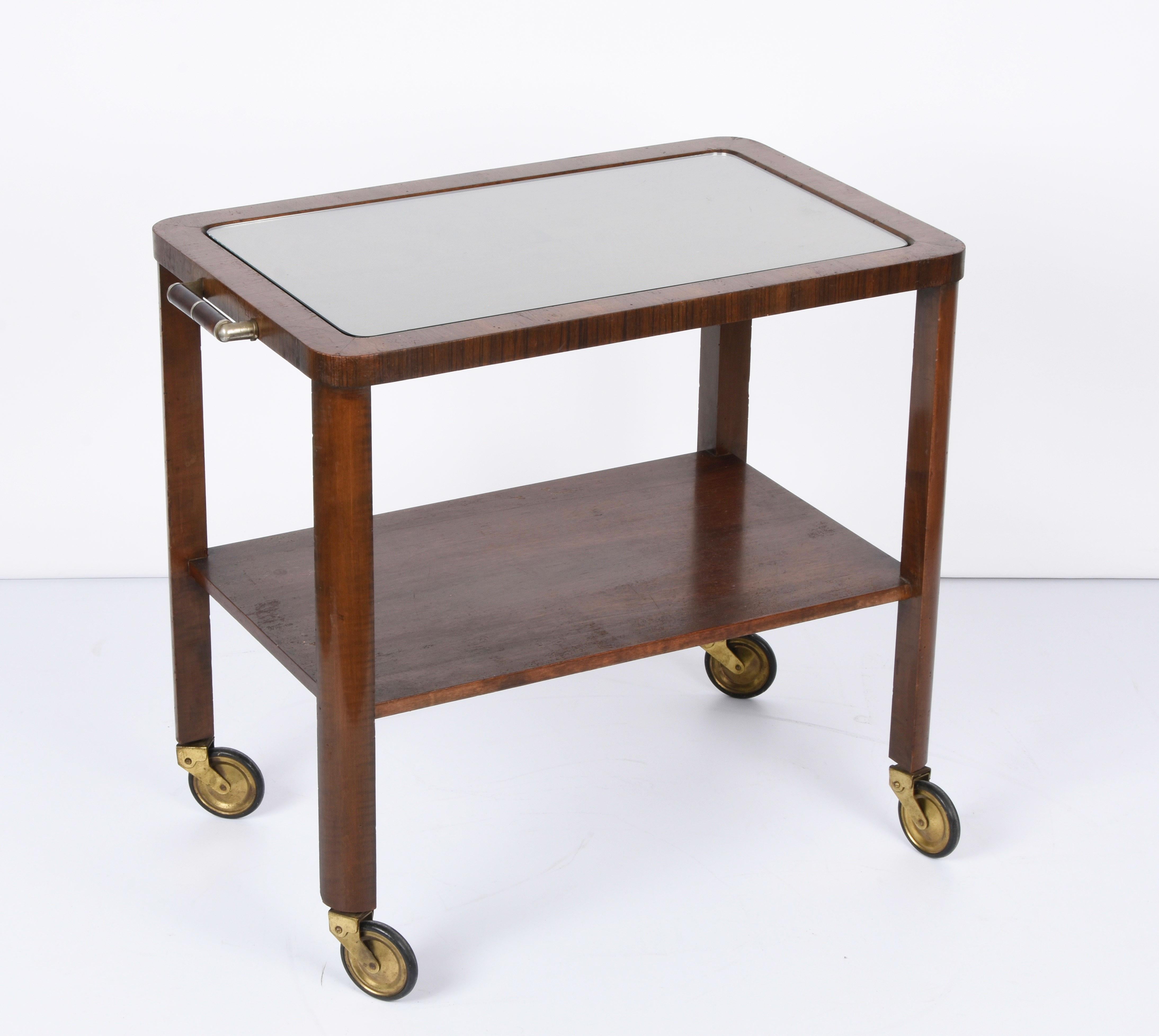 Art Deco Solid Walnut Wood and Glass Two-Levels Italian Trolley Bar Cart, 1940s In Good Condition For Sale In Roma, IT