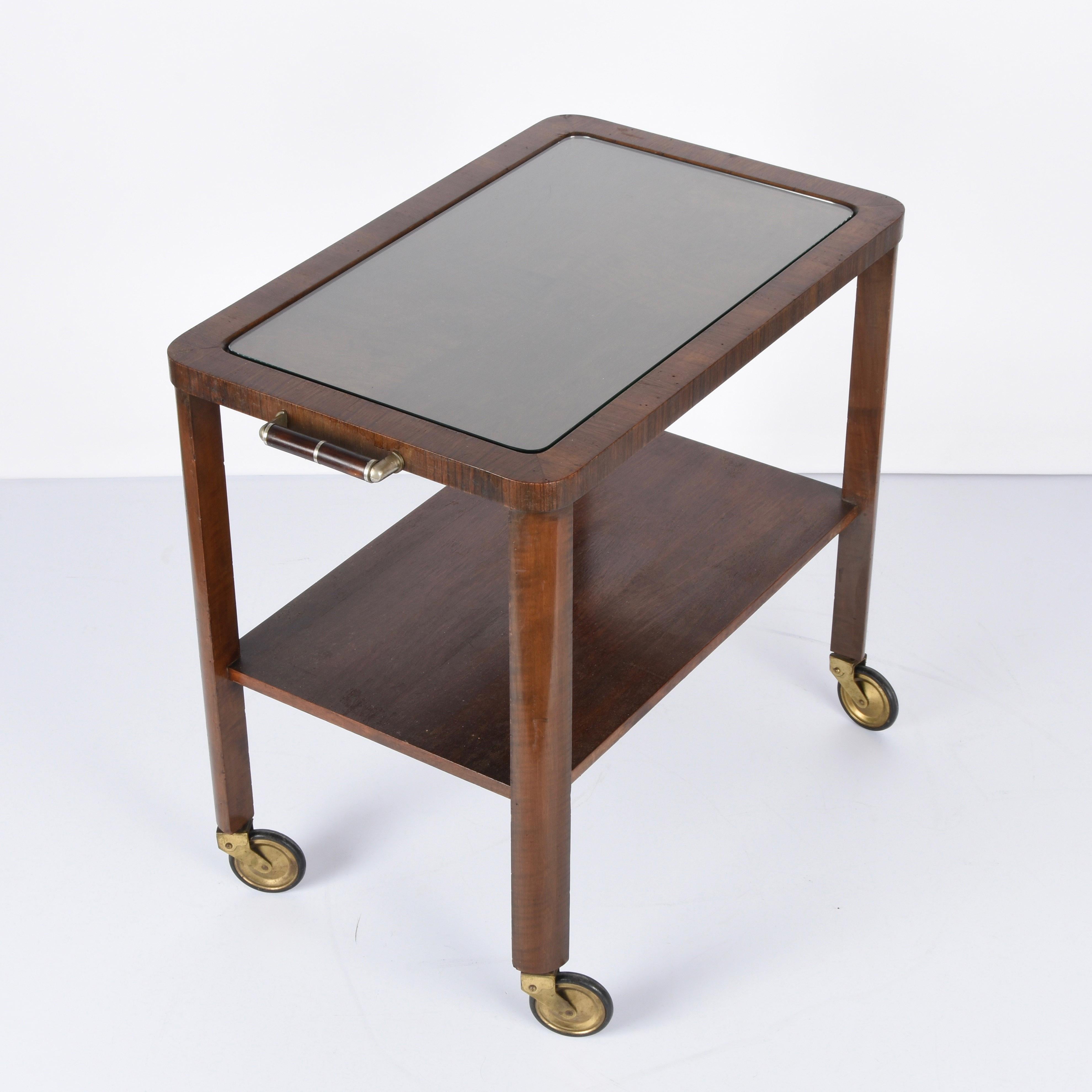 Mid-20th Century Art Deco Solid Walnut Wood and Glass Two-Levels Italian Trolley Bar Cart, 1940s For Sale
