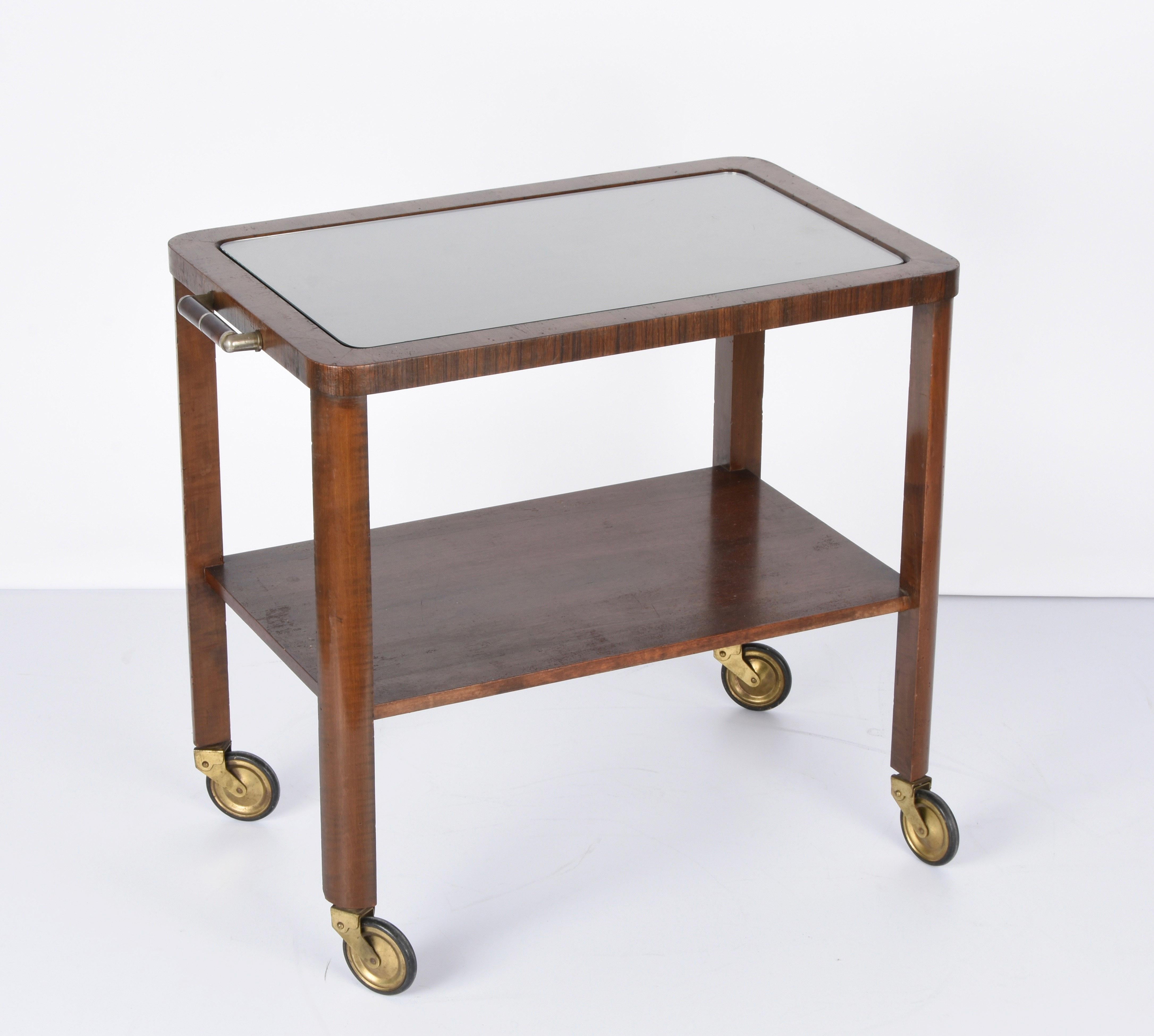 Art Deco Solid Walnut Wood and Glass Two-Levels Italian Trolley Bar Cart, 1940s For Sale 1