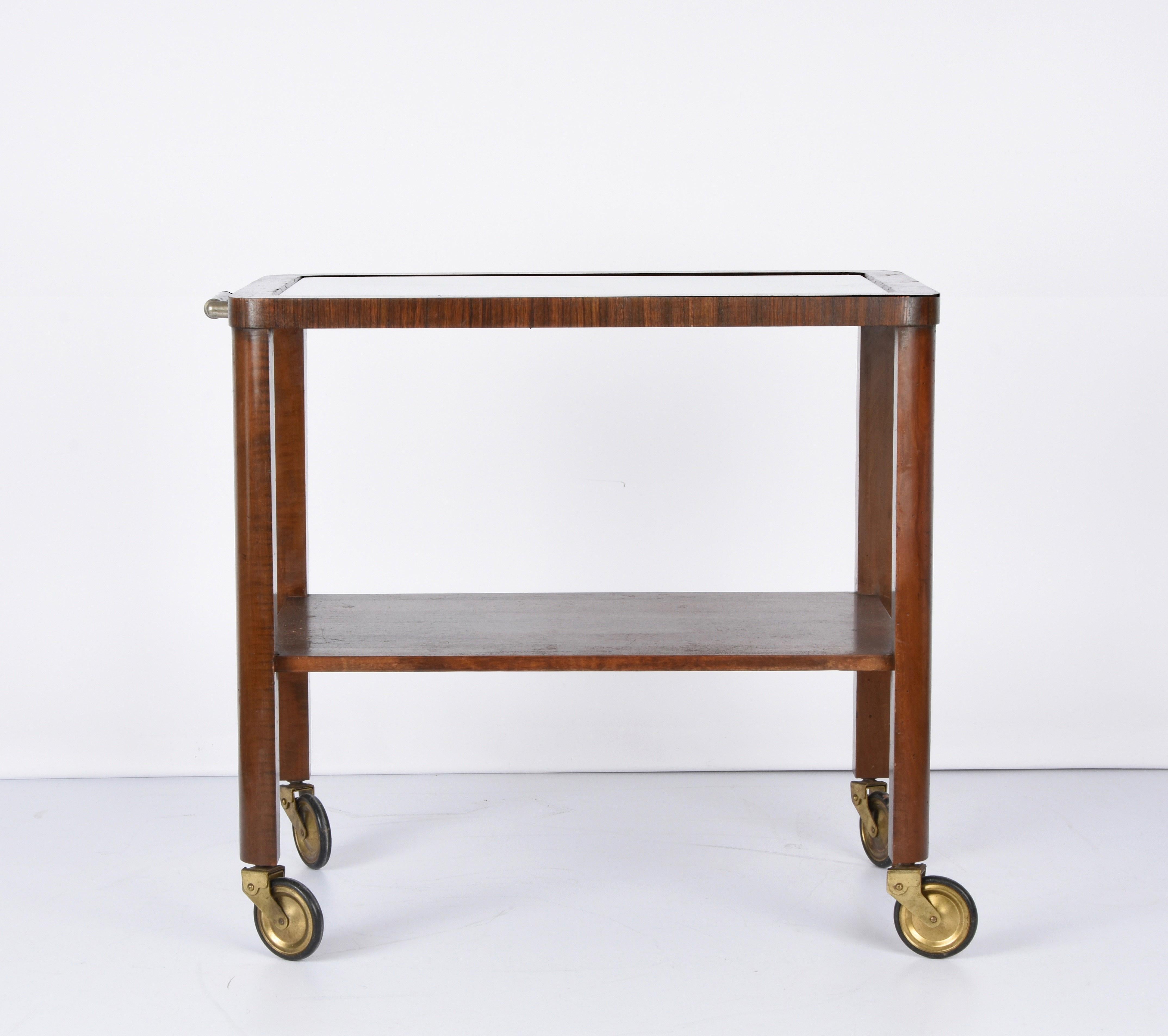 Art Deco Solid Walnut Wood and Glass Two-Levels Italian Trolley Bar Cart, 1940s For Sale 3