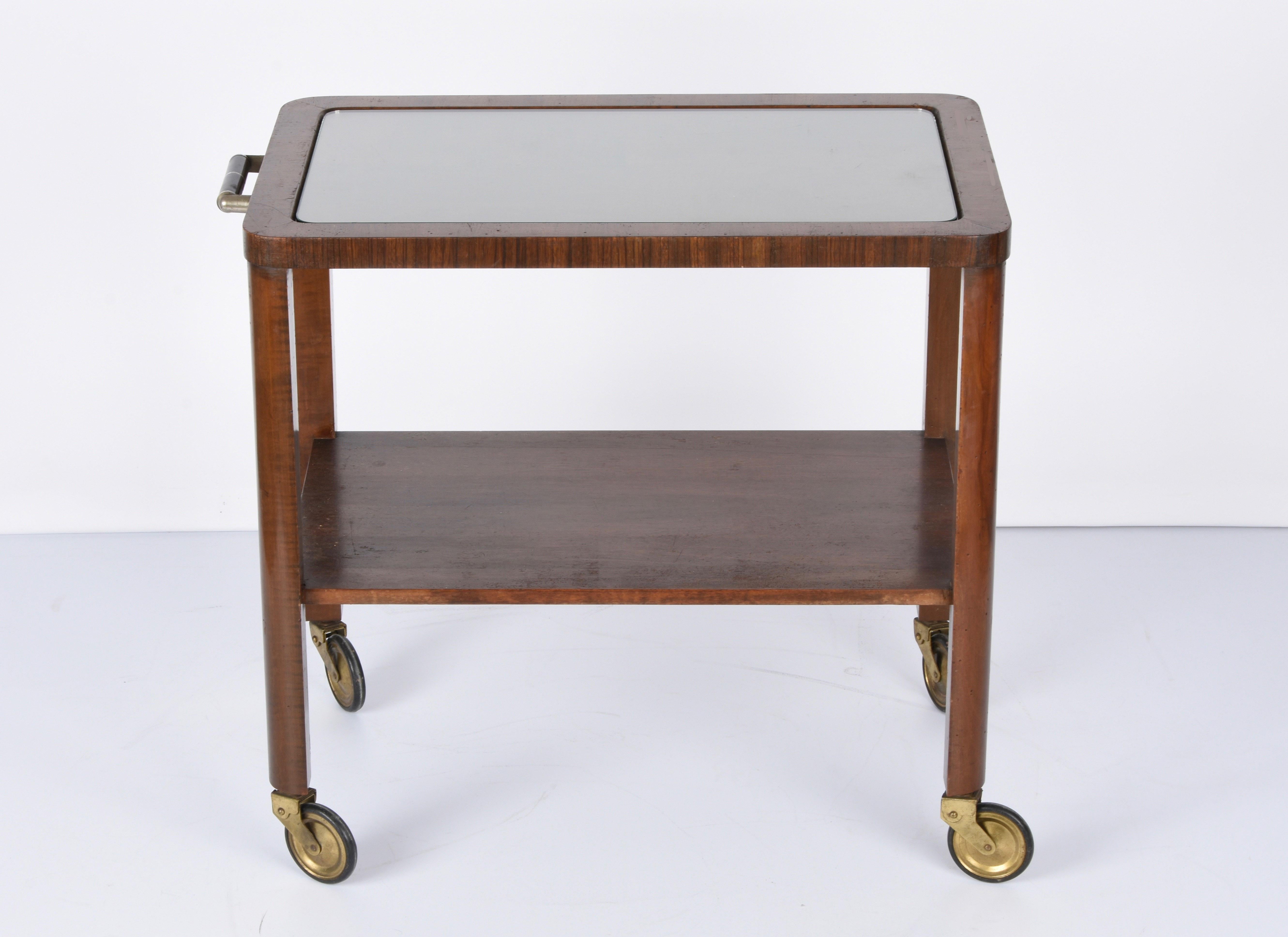Art Deco Solid Walnut Wood and Glass Two-Levels Italian Trolley Bar Cart, 1940s For Sale 4