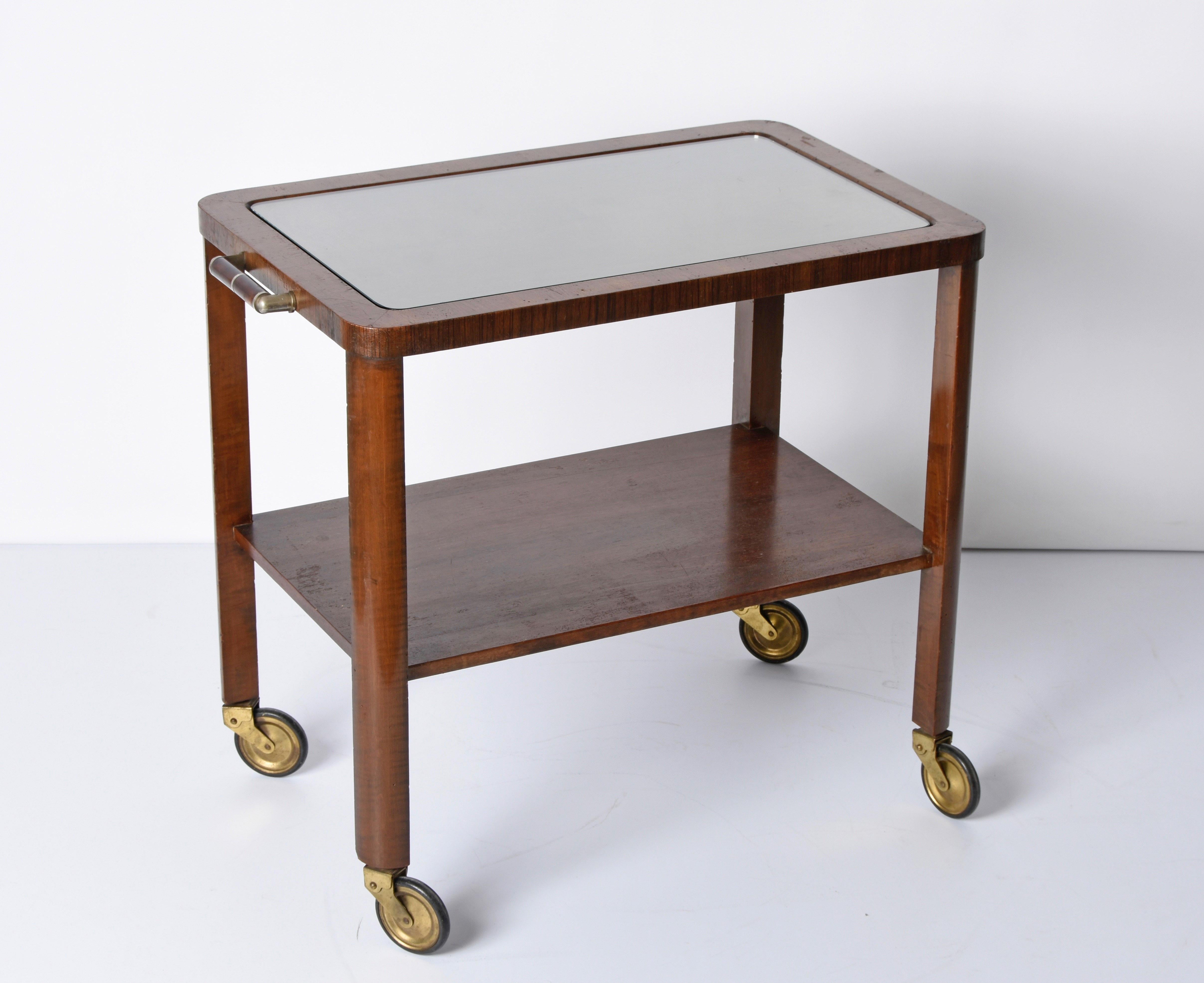 Art Deco Solid Walnut Wood and Glass Two-Levels Italian Trolley Bar Cart, 1940s For Sale 5