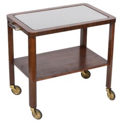 Vintage Art Deco Solid Walnut Wood and Glass Two-Levels Italian Trolley Bar Cart, 1940s