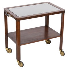 Art Deco Solid Walnut Wood and Glass Two-Levels Italian Trolley Bar Cart, 1940s