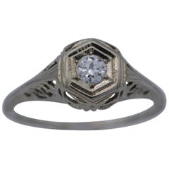 Antique Art Deco Solitaire Diamond Filigree Ring, 19 Karat White Gold