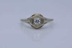 Art Deco Solitaire Diamond Filigree Ring, 19 Karat White Gold
