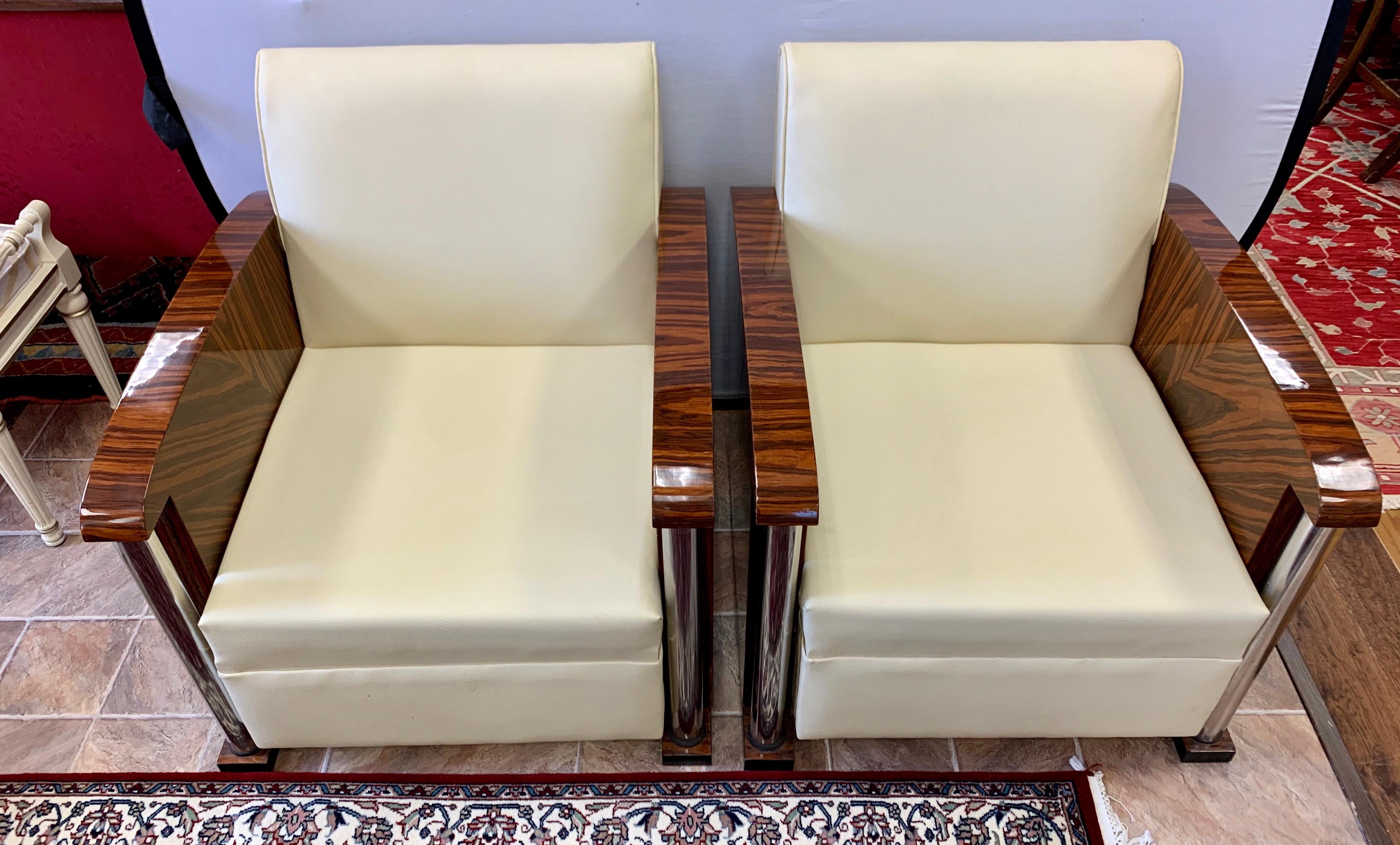 Italian Art Deco South African Macassar Wood, Chrome and Leather Club Chairs, Pair