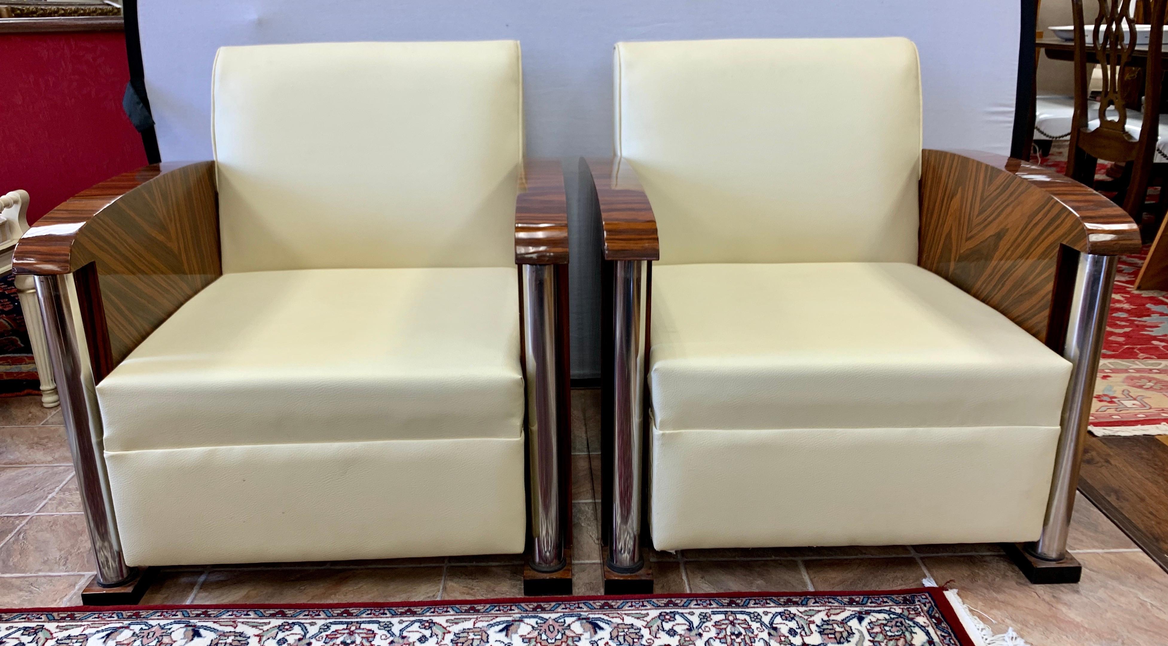 Art Deco South African Macassar Wood, Chrome and Leather Club Chairs, Pair In Good Condition In West Hartford, CT