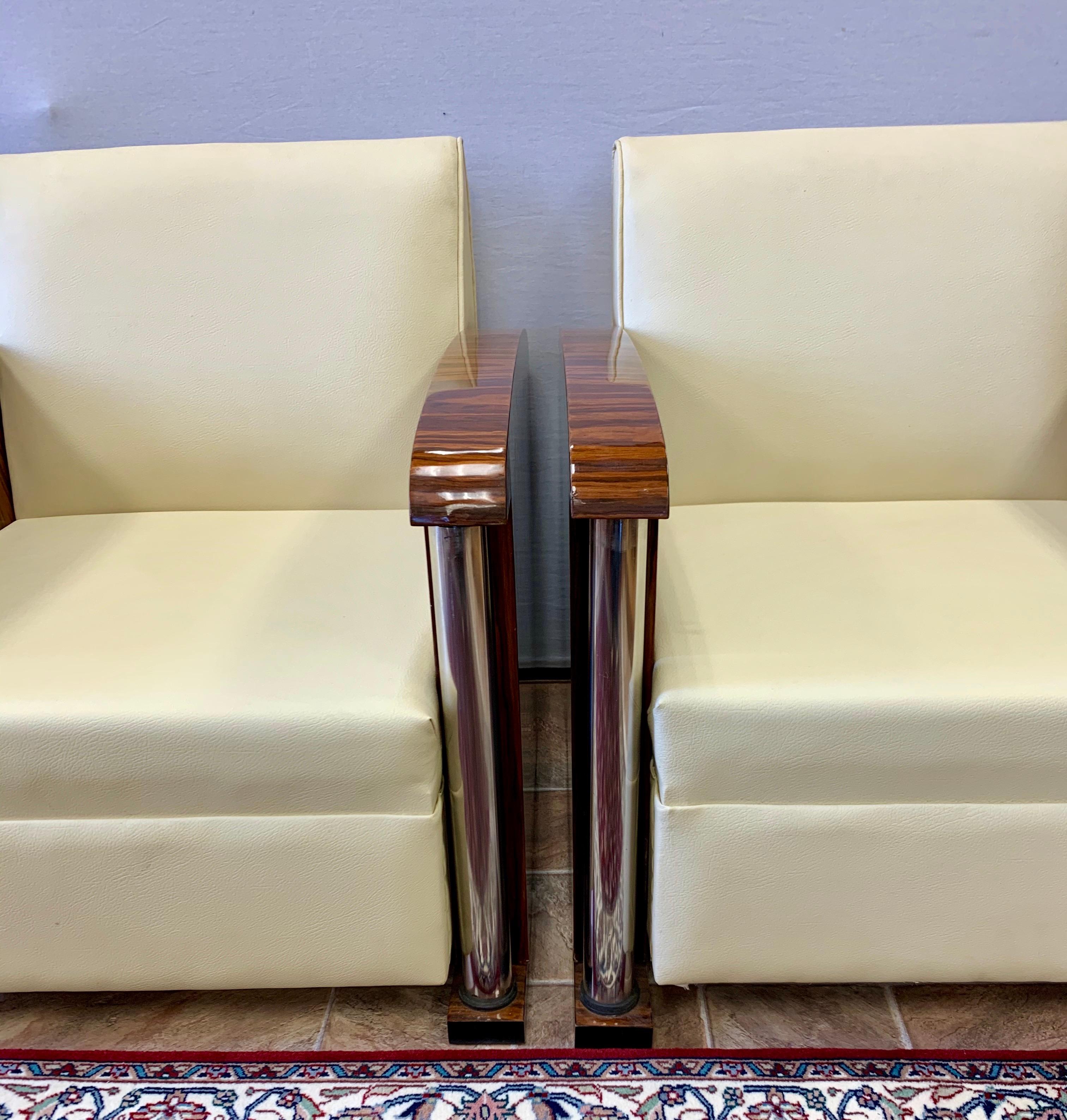 20th Century Art Deco South African Macassar Wood, Chrome and Leather Club Chairs, Pair