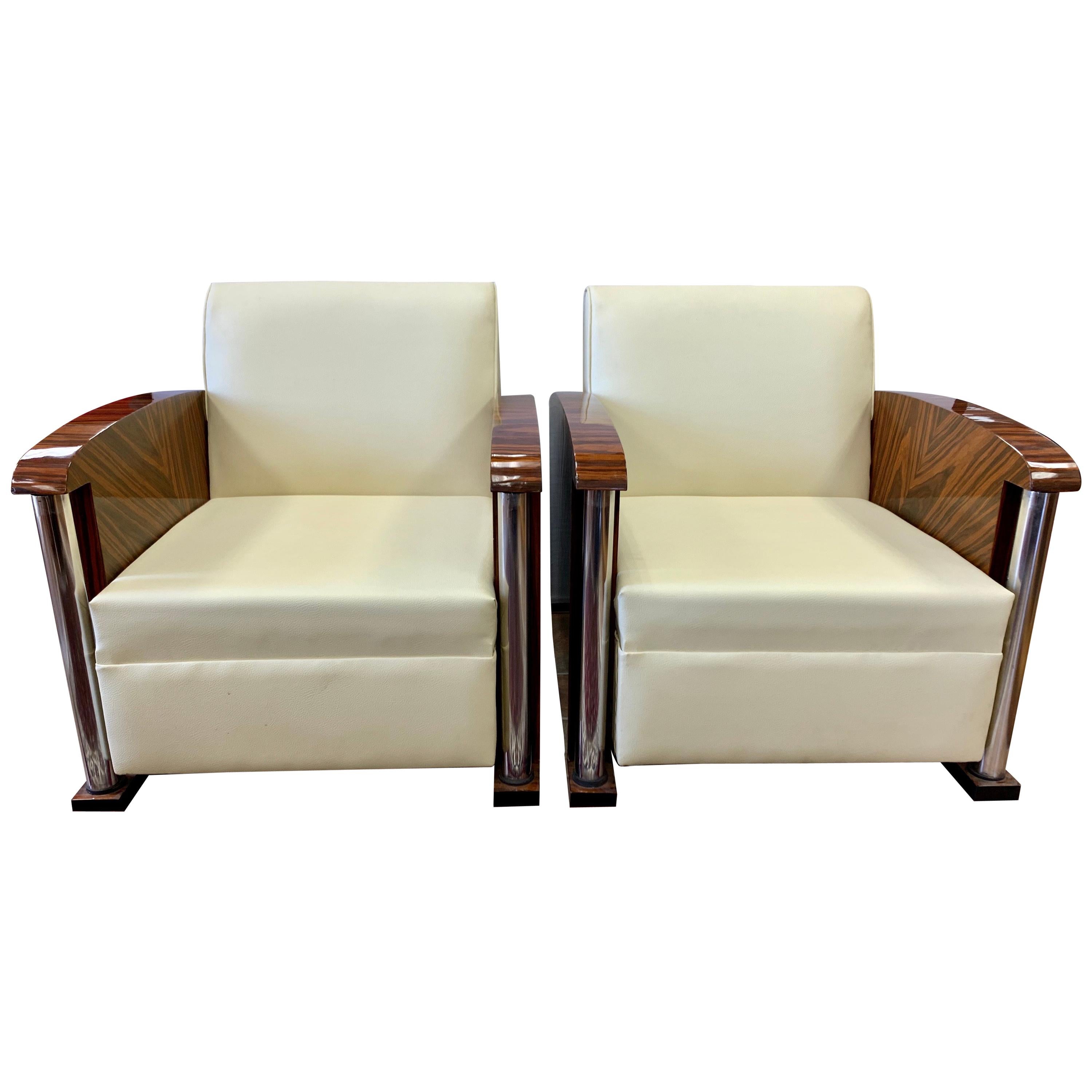 Art Deco South African Macassar Wood, Chrome and Leather Club Chairs, Pair