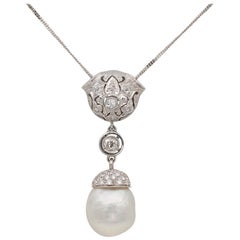 Art Deco South Sea Pearl 1.40 Carat Old Diamond Platinum 18 KT Pendant Necklace