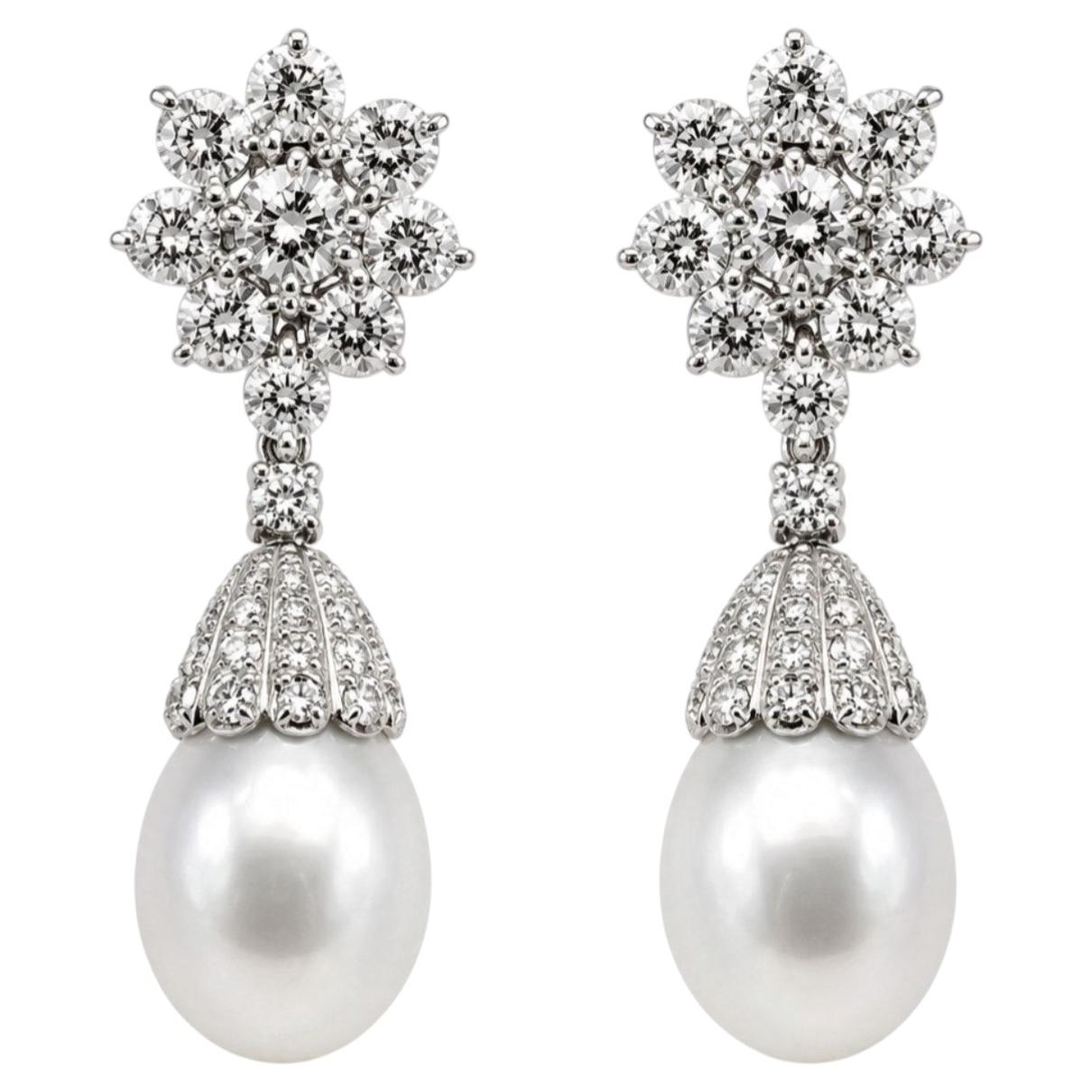 ART-DECO South Sea Pearls & 8.25 Carat Diamond 13 mm Dangle-Drop Earrings
