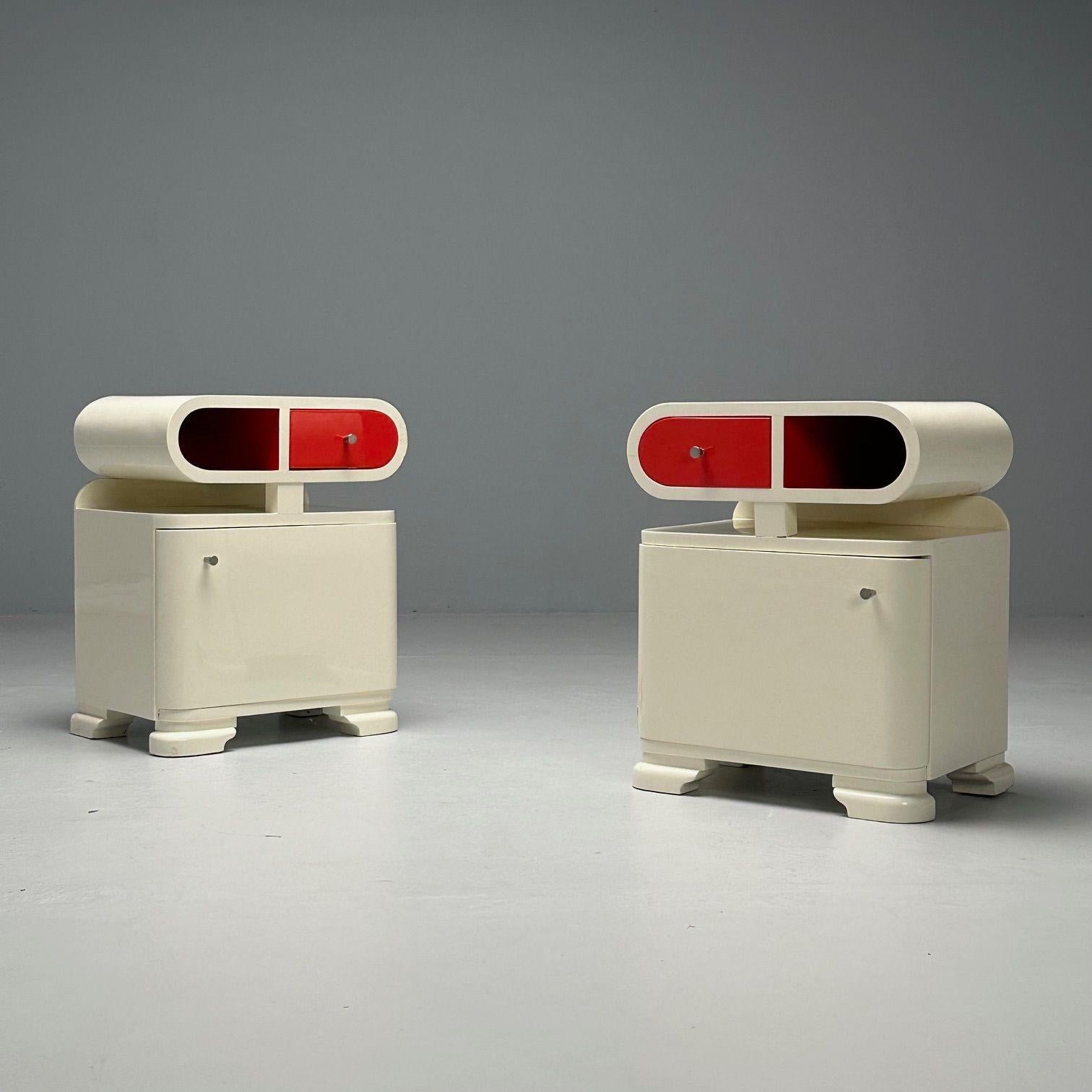 American Art Deco, Space Age Modern, Nightstands, White Lacquer, United States, 1990s