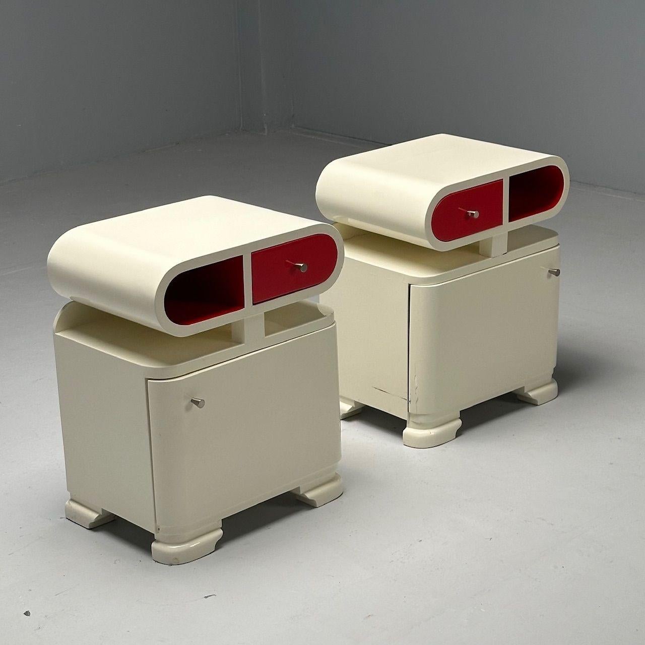 Late 20th Century Art Deco, Space Age Modern, Nightstands, White Lacquer, United States, 1990s